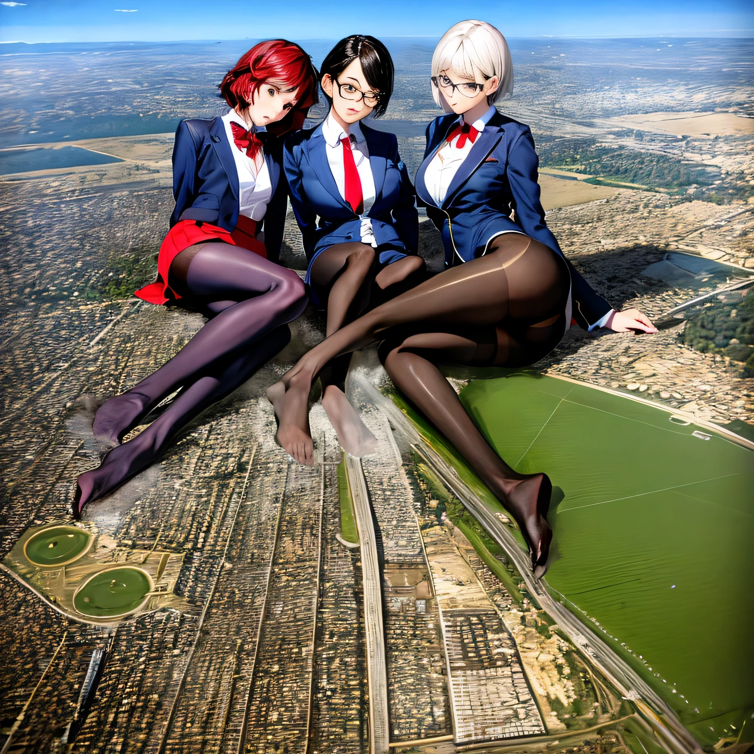 multiple girls, Giantの芸術, 非常に詳細なGiantショット, Giant, short hair, A high school girl who is much bigger than a skyscraper, wearing rimless glasses, big breasts, big ass, navy blue blazer, red tie, mini skirt, black pantyhose, pantyhose barefoot, Steam comes out from the soles of the feet, very small metropolis, miniature metropolis, crush the big city, full body description, GTS, ギガGiant, Stomping City, crash city, Small town, micro city, High resolution, highest quality, masterpiece,