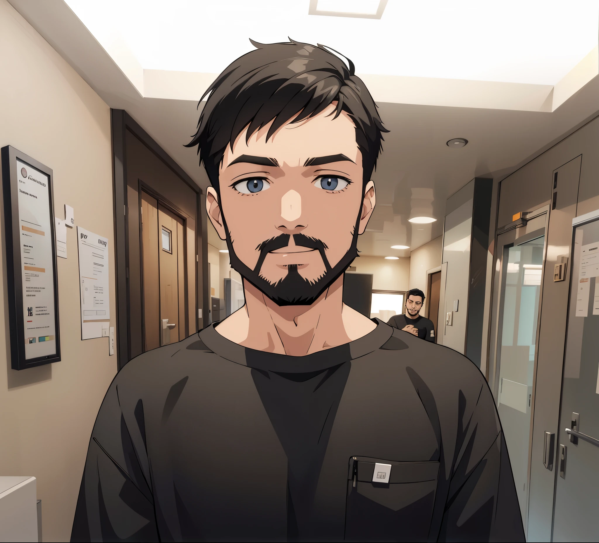 Man with black hair. Beard, and black shirt. Smiling.