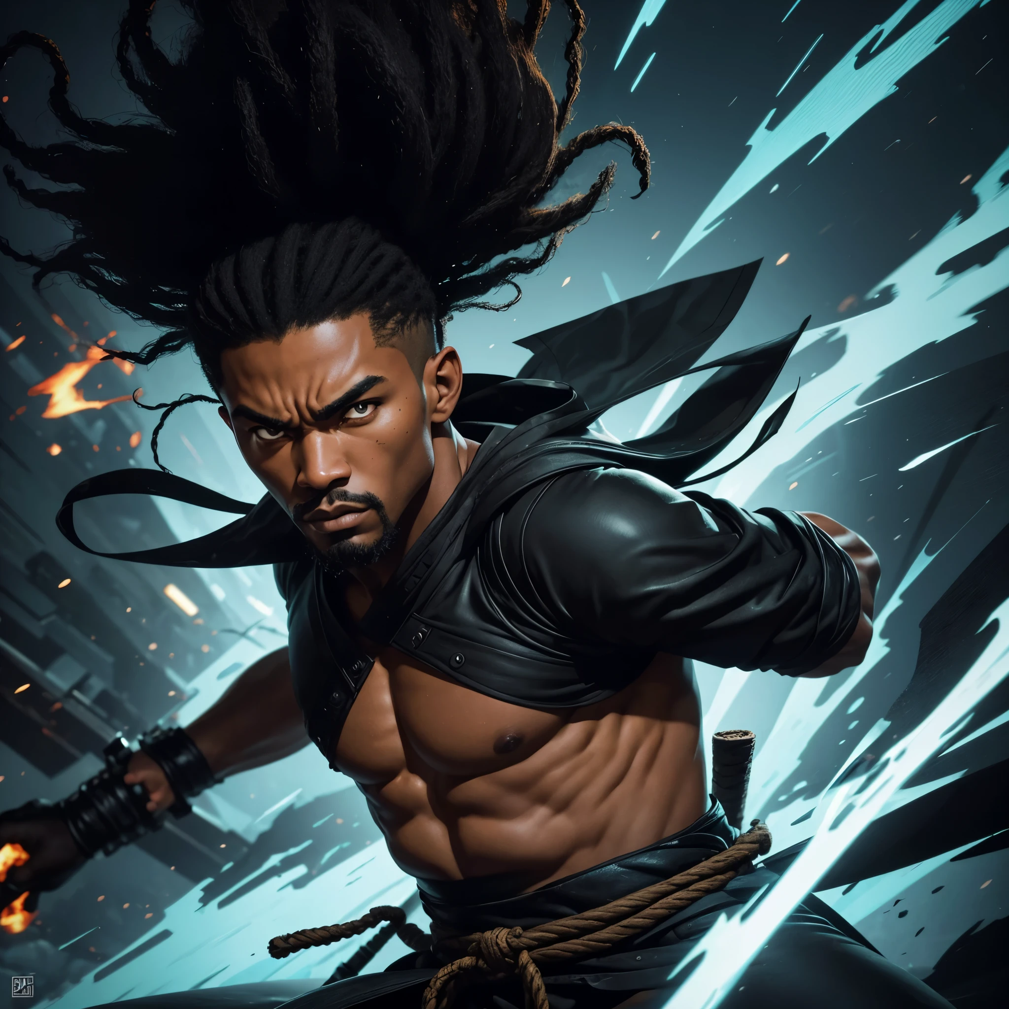(best quality,highres:1.2),ultra-detailed,realistic:1.37,a black man with an afro,Samurai Jack style,expressive eyes,defined facial features,confident stance,sharp focus,striking colors,stylized backgrounds,bold lines and shapes,contemporary art style,dramatic lighting,energetic brushstrokes,fluid movements,action-oriented theme,cinematic composition,impressive details,high contrast,colorful palette,motion blur,vibrant atmosphere,stylish clothing,heroic posture,blurred edges,dynamic poses,unique character design,authentic representation,captivating storytelling,comic book aesthetic,gritty textures,brushwork,innovative visual storytelling,classic animation style,stylized movements,attention to fashion,contrasting elements,deep shadows,adventure theme,striking visuals,engaging narrative,provocative artistic choices,ninja-inspired,exaggerated proportions,distinctive art direction,epic battles,artistic vision,stylized weaponry,imaginative interpretation,highly expressive faces,strong sense of style,immersive world,emotive color schemes,layered composition,atmospheric perspective,masterful use of line and form,energetic lines,cultural influence,meticulous attention to detail,combination of Eastern and Western aesthetics.