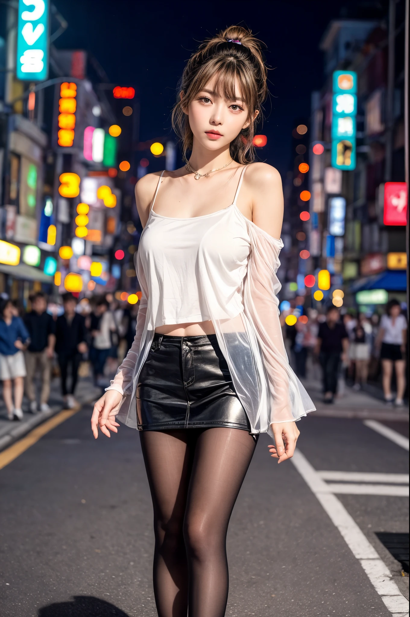ulzzang-6500-v1.1, (RAW photo:1.2), (Photoreal), beautiful detailed girl, (genuine: 1.4), A woman wearing a miniskirt posing in the middle of the road,  on rooftop tokyo night, (No sleeve). (sexy style), (super realistic pantyhose:1.2), in tokyo at night, on the streets of tokyo, on the city street, on the city street at night,  on the streets of tokyo, at night, Neon night spot available, high heels、turn around、huge file size, High resolution, very detailed, highest quality, [masterpiece:1.6], enlightenment, very detailed, finely, highest quality, 8k wallpaper, movie lighting, 1 girl, 26 years old, perfect body shape, cute droopy eyes、beautiful big eyes、eye shadow、highest quality, 1 girl,  ((full body shot:1.14))、