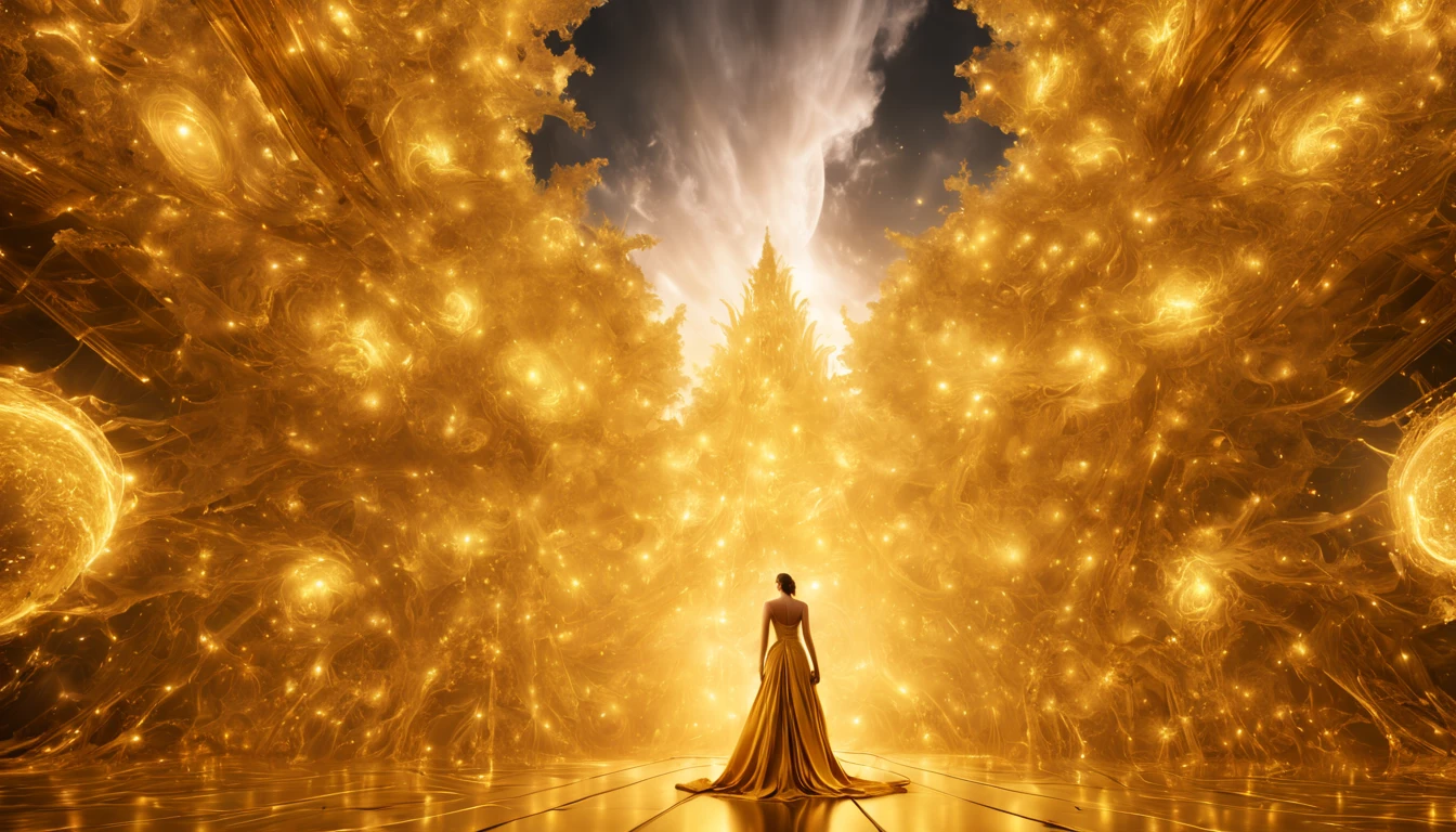 a thick wide luxury giant pallace, square shape, wide view  in the middle of golden cloud full of shine thunder and striking thunder, dramatic scenario in heavena mind-bending quantum encryption emerges, evoking nightmarish visions of unknown dimensions. This high fashion photograph captures an otherworldly realm, where the subject, a mysterious figure, appears cloaked in a celestial mesh of glowing fractals. The image, of exceptional clarity and precision, showcases intricate details with a surreal luminosity. As each pixel is meticulously crafted, the composition seamlessly merges the enigmatic encryption with the intricate beauty of haute couture, creating a bewildering and captivating sensation.