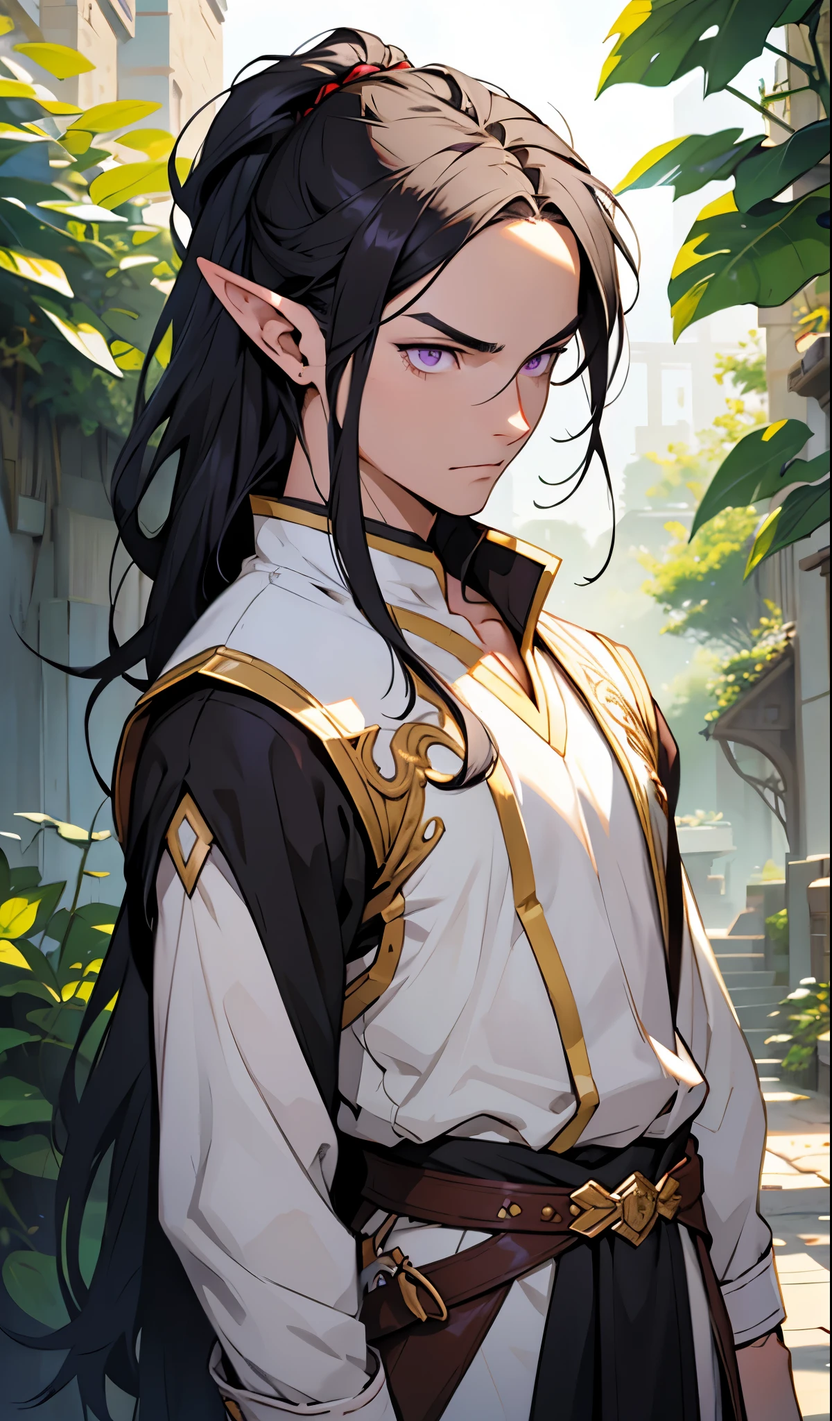 anime - style image of a young elf with purple eyes and black hair, purple eyes, black hair, black hair, a portrait of a male elf, beautiful male elf, a male elf, portrait of a young elf wizard, handsome guy in demon slayer art, elven male, young half elf wizard, beautiful androgynous prince, elven character with smirk, artwork in the style of guweiz, serious face,