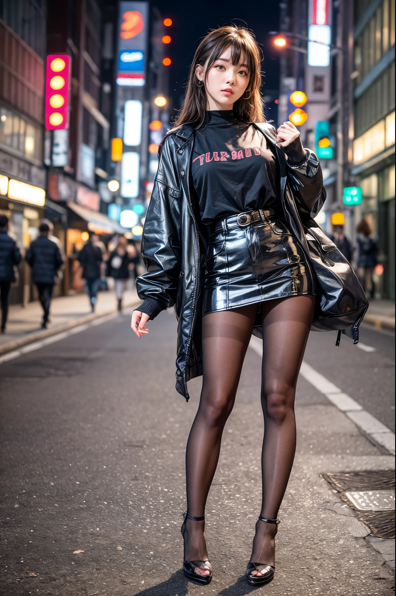 ulzzang-6500-v1.1, (RAW photo:1.2), (Photoreal), beautiful detailed girl, (genuine: 1.4), A woman wearing a miniskirt posing in the middle of the road,  on rooftop tokyo night, (sexy style), (super realistic pantyhose:1.2), in tokyo at night, on the streets of tokyo, on the city street, on the city street at night,  on the streets of tokyo, at night, Neon night spot available, high heels、turn around、huge file size, High resolution, very detailed, highest quality, [masterpiece:1.6], enlightenment, very detailed, finely, highest quality, 8k wallpaper, movie lighting, 1 girl, 26 years old, perfect body shape, cute droopy eyes、beautiful big eyes、eye shadow、highest quality, 1 girl,  ((full body shot:1.14))、