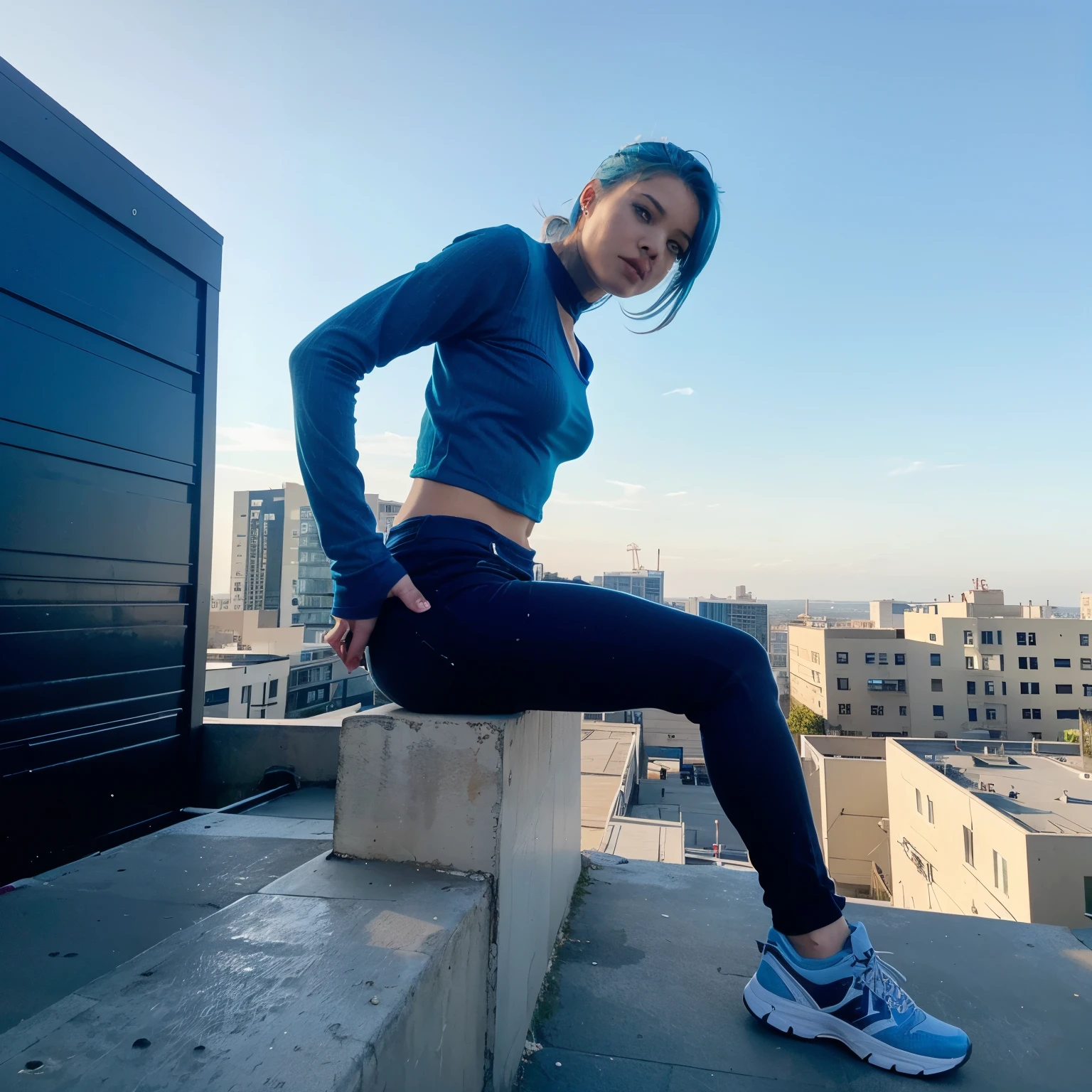 One doing parkour on top of a building, she has blue hair, On top of a building sitting