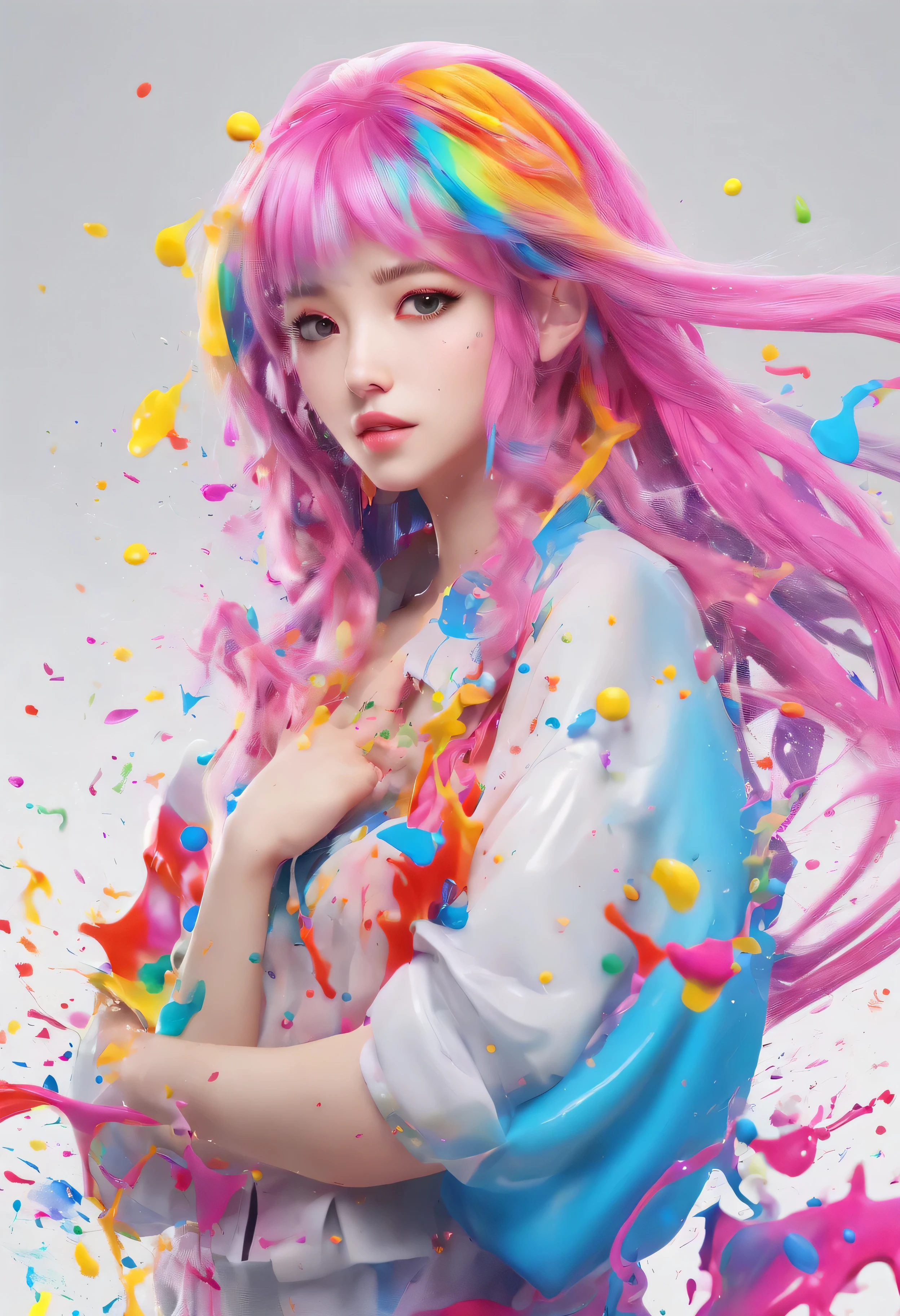 (masterpiece, highest quality, High resolution), white background, ((paint splashes, color splash, Ink splashes, color splash)), Japanese high school girl, rainbow hair, pink lips, front, Upper body