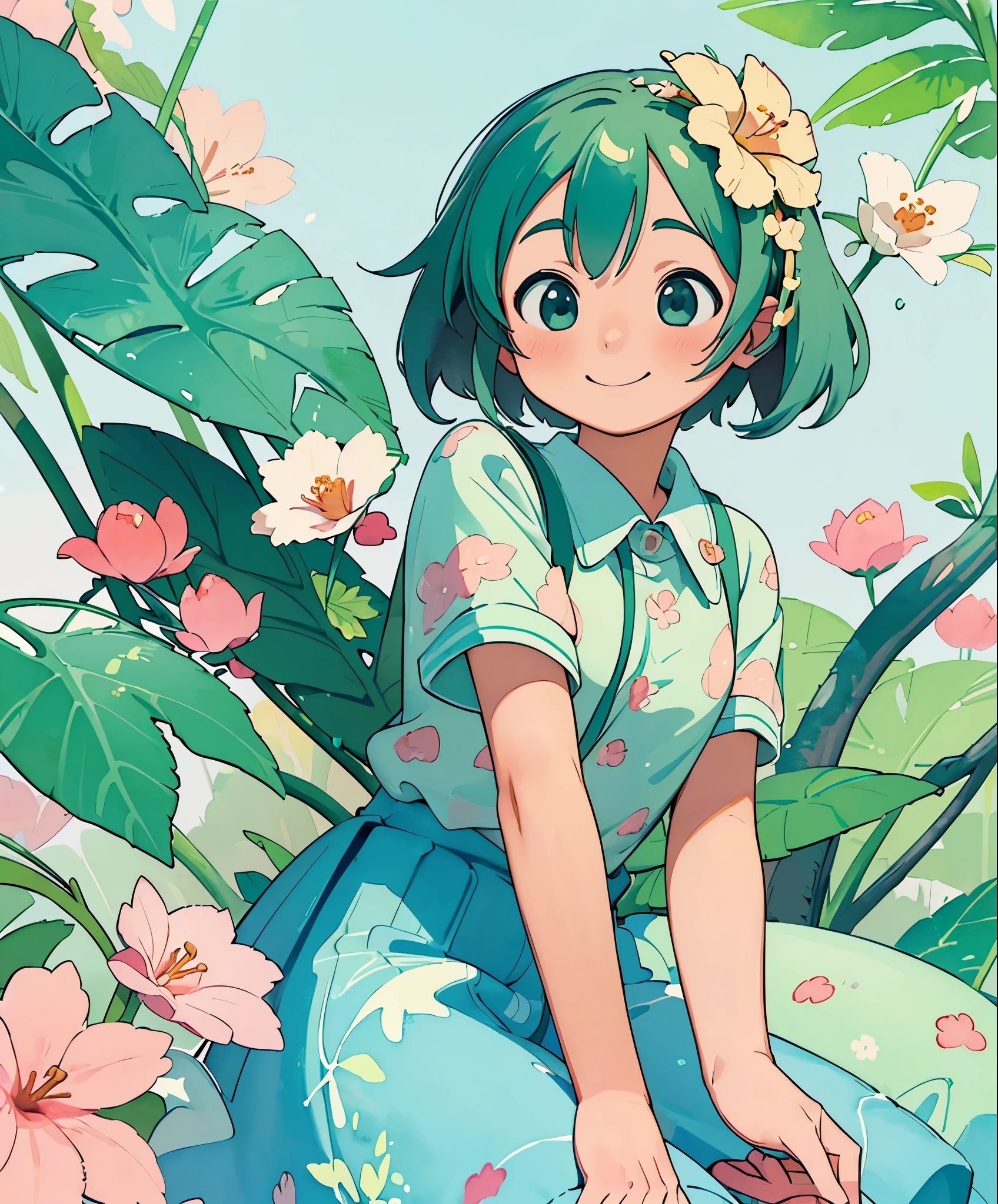 (masterpiece、highest quality、highest quality、official art、beautiful beautiful:1.2)、(1 girl:1.3)Hatsune Miku、beautiful breasts、twin tails、adorable smile、very detailed、, beautiful flower, berry, Fern, leaf, calm color watercolor pattern), (watercolor texture), ((1 girl), short hair, cute,