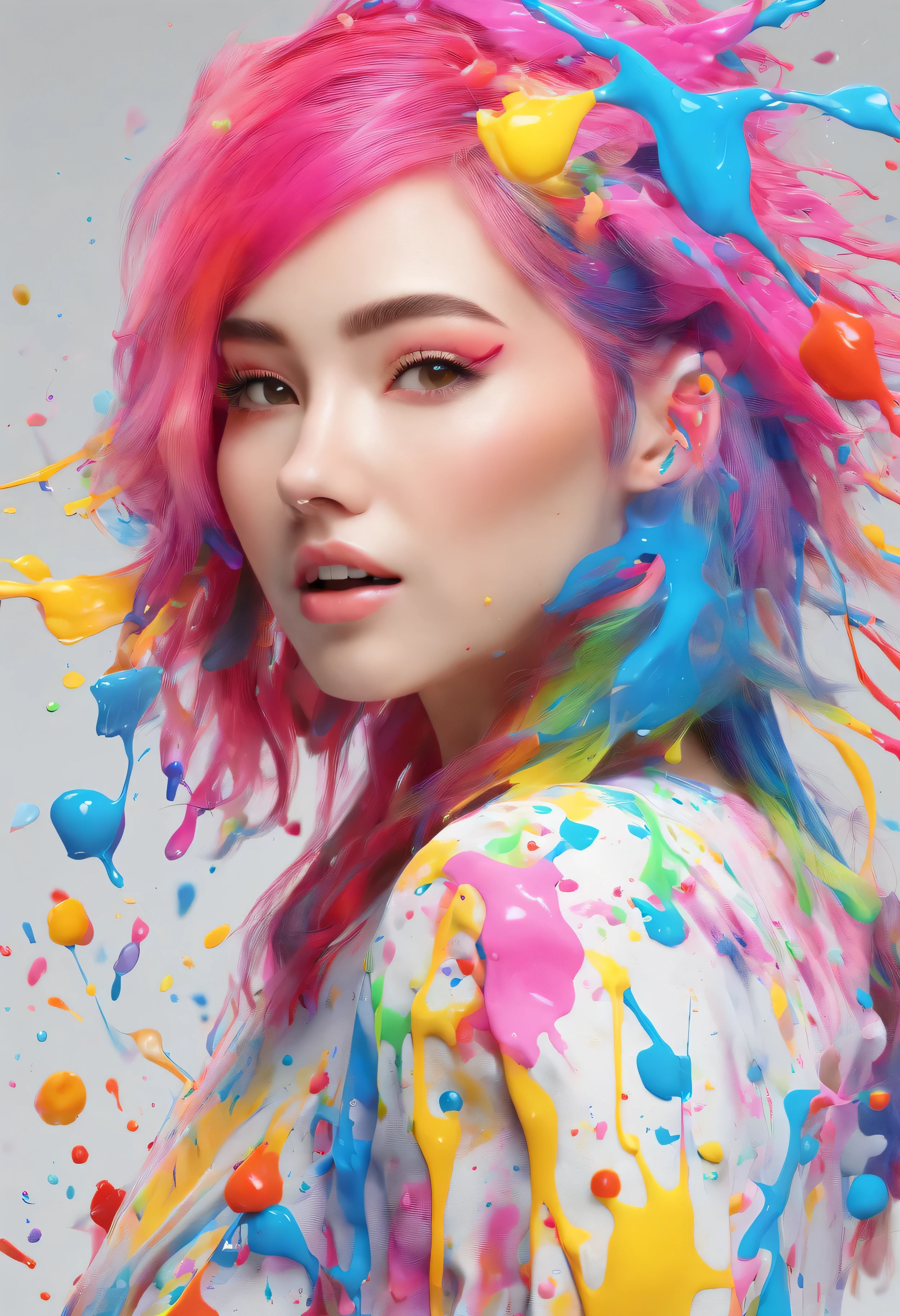 (masterpiece, highest quality, High resolution), white background, ((colorful paint splash, color splash, Ink splashes, color splash)), Japanese high school girl, rainbow hair, pink lips, front, Upper body