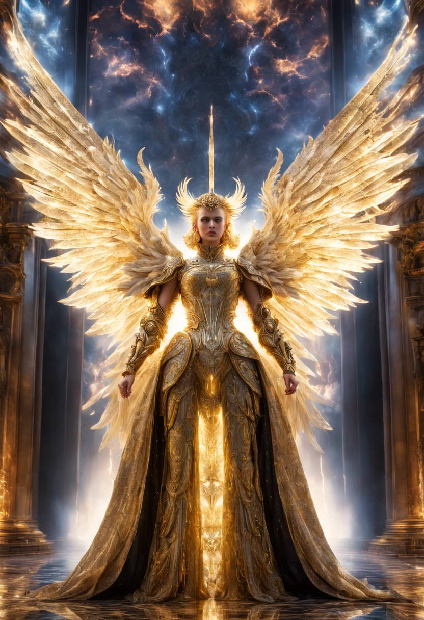 angolden angel full of armour standing in the middle of pallace ,a thick wide luxury giant pallace, square shape, wide view in the middle of golden cloud full of shine thunder and striking thunder, dramatic scenario in heavena mind-bending quantum encryption emerges, evoking nightmarish visions of unknown dimensions. This high fashion photograph captures an otherworldly realm, where the subject, a mysterious figure, appears cloaked in a celestial mesh of glowing fractals. The image, of exceptional clarity and precision, showcases intricate details with a surreal luminosity. As each pixel is meticulously crafted, the composition seamlessly merges the enigmatic encryption with the intricate beauty of haute couture, creating a bewildering and captivating sensation.