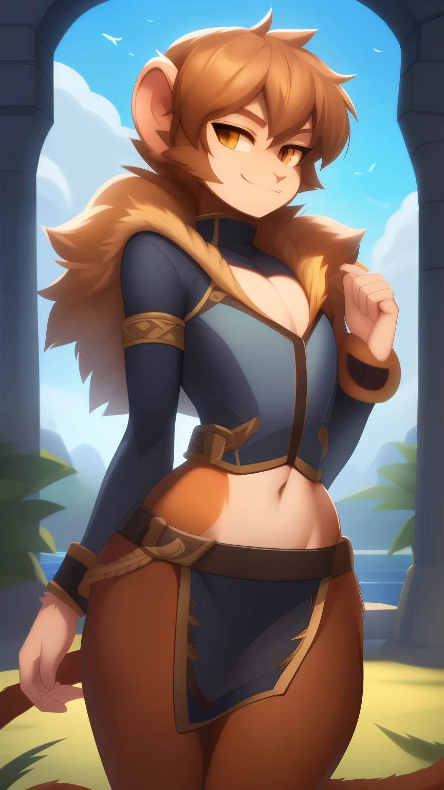 Best quality, Super detailed illustration, (fluffy monkey boy:1.4) , feminine face and body, disheveled thick hair, Rogue Clothes, smug smile, half-closed eyes , Femboy, small waist, wide hips, Slim, perfect body, DND style
