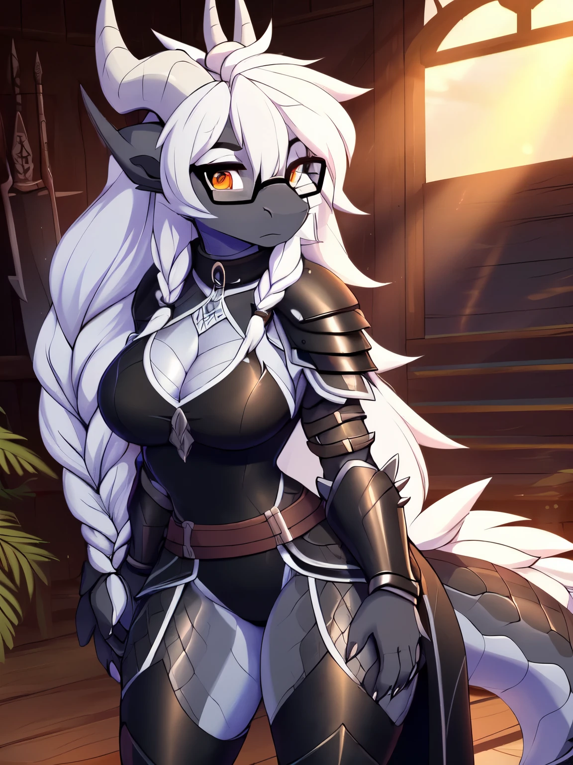 solo anthro, ((portrait)), (detailed skin), (cinematic lighting), (((three-quarter view))), (half body shadow), (), (shaded), (masterpiece), Anthro Art, Commission for High Res, Furry Art, best quality, detailed face, perfect eyes, flawless face, gorgeous body, hourglass body, center focus, half-closed eyes, 1girl, solo, full body, (masterpiece:1.21), (best quality:1.2), (illustration:1.2), (cinematic lighting:1.3), balanced coloring, global illumination, ray tracing, good lighting, attractive body, sexy body, looking at viewer, seductive look, 1girl, ((black dragon)), (female), (dragon female anthro), (((black scales))), orange eye, (curved horns), white hair, (dragon) (thicc thighs, wide hips, medium breasts, perky_breasts, small waist), full body, looking at the viewer, spiky hair, head spikes, dragon girl, (digitigrade), scaly body, membranous ears, dragon girl, (detailed scales:1), (detailed face), (detailed eyes), (cute face), ((glasses)), (white hair), ((french braided hair)), (long hair), (solo), lora:Teranen style:1.2, nice hands, good , cute snout, ((two-tone-body)), curvy, medium scales breasts, ((dark scales)) (((black and grey scales))), 4 fingers, solo, (face view), (portrait view), collar, ((samurai armor)), sword, ((armor)), (((sfw))), monster hunter, cleavage, 
