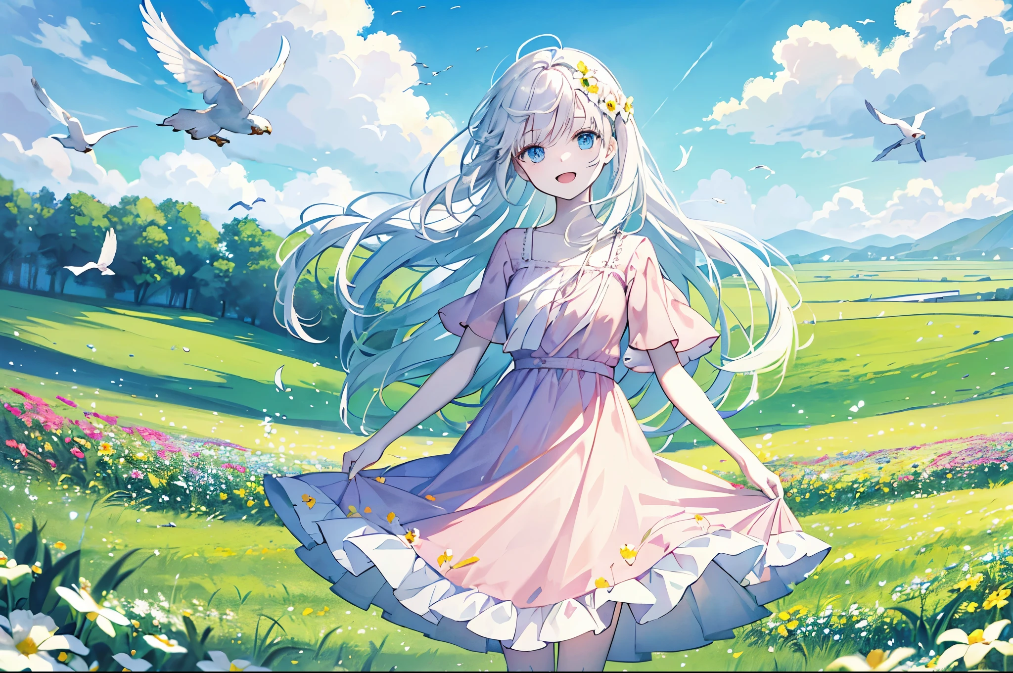 ((open vast grass field with flowers)), sunny day, (happy young girl with pale skin, white messy hair and expressive blue eyes wearing a pink dress), nature, (birds flying in the sky), masterpiece