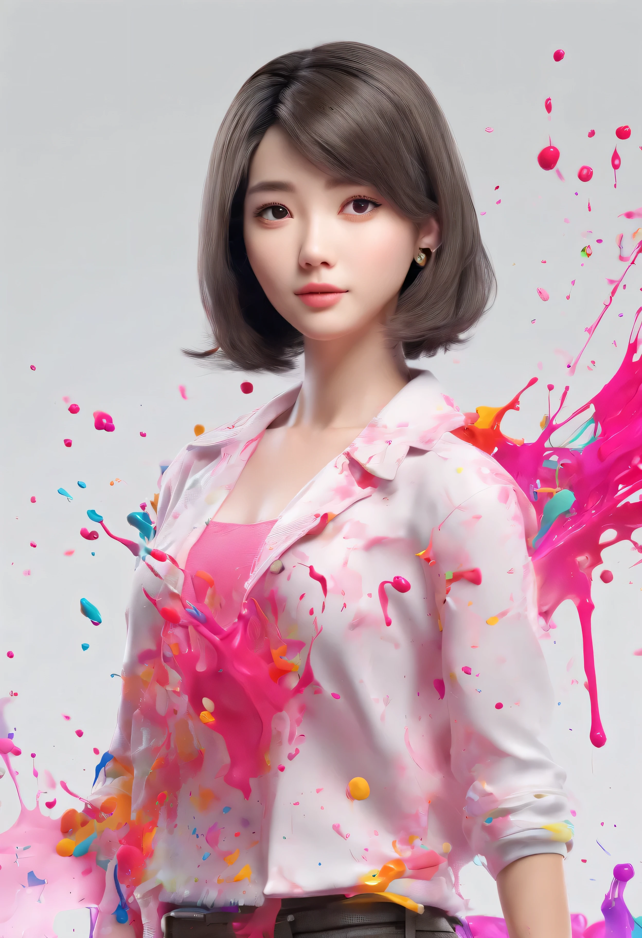 (masterpiece, highest quality, High resolution), white background, ((colorful paint splash, color splash, large amount of ink splash, color splash)), Japanese junior high school girl, delicate body shape, medium-sized chest, short cut hair, evil smile, pink lips, front, Upper body,