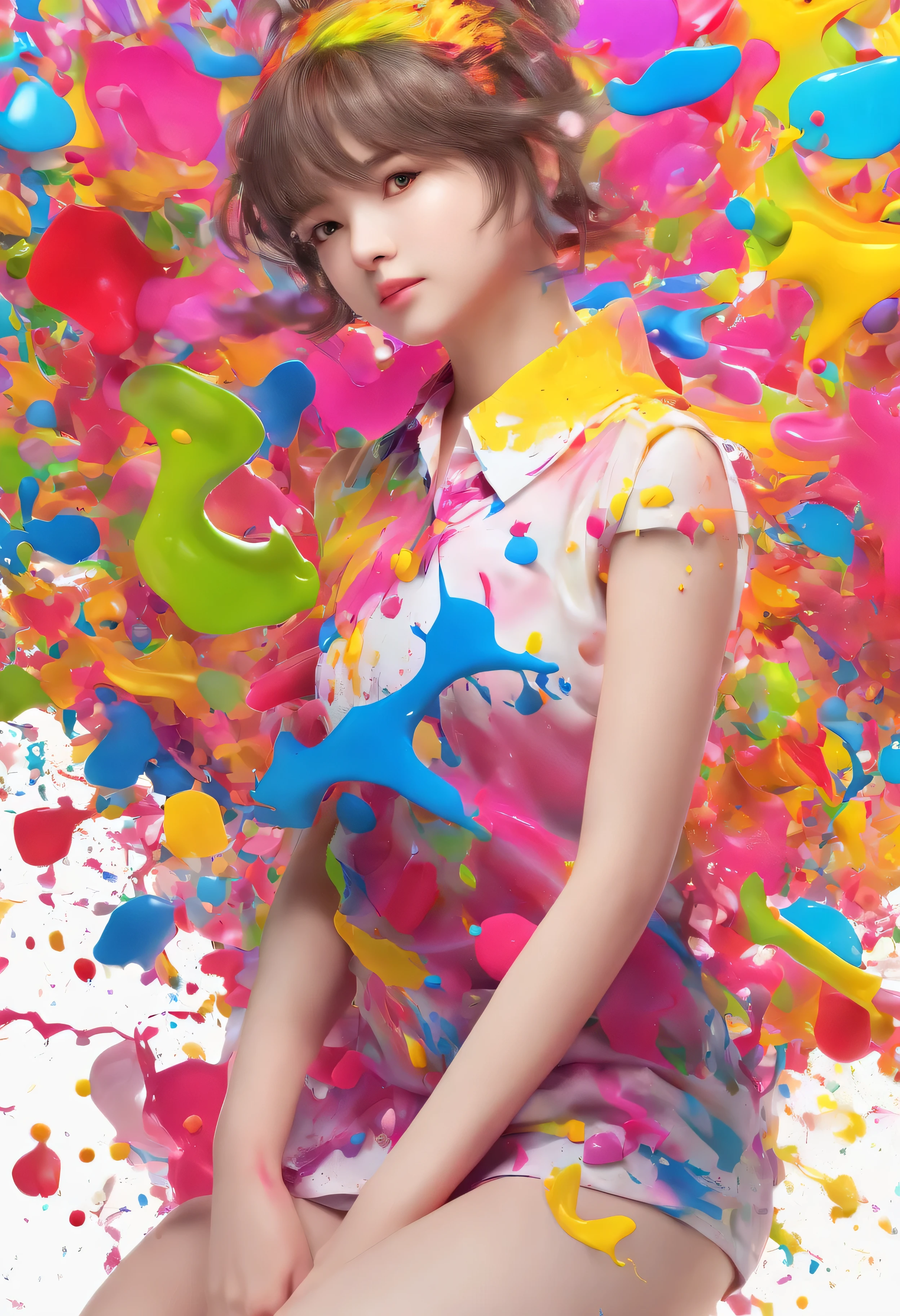 (masterpiece, highest quality, High resolution), white background, ((colorful paint splash, color splash, large amount of ink splash, color splash)), Japanese high school girl, delicate body shape, medium-sized chest, short cut hair, evil smile, pink lips, front, Upper body,