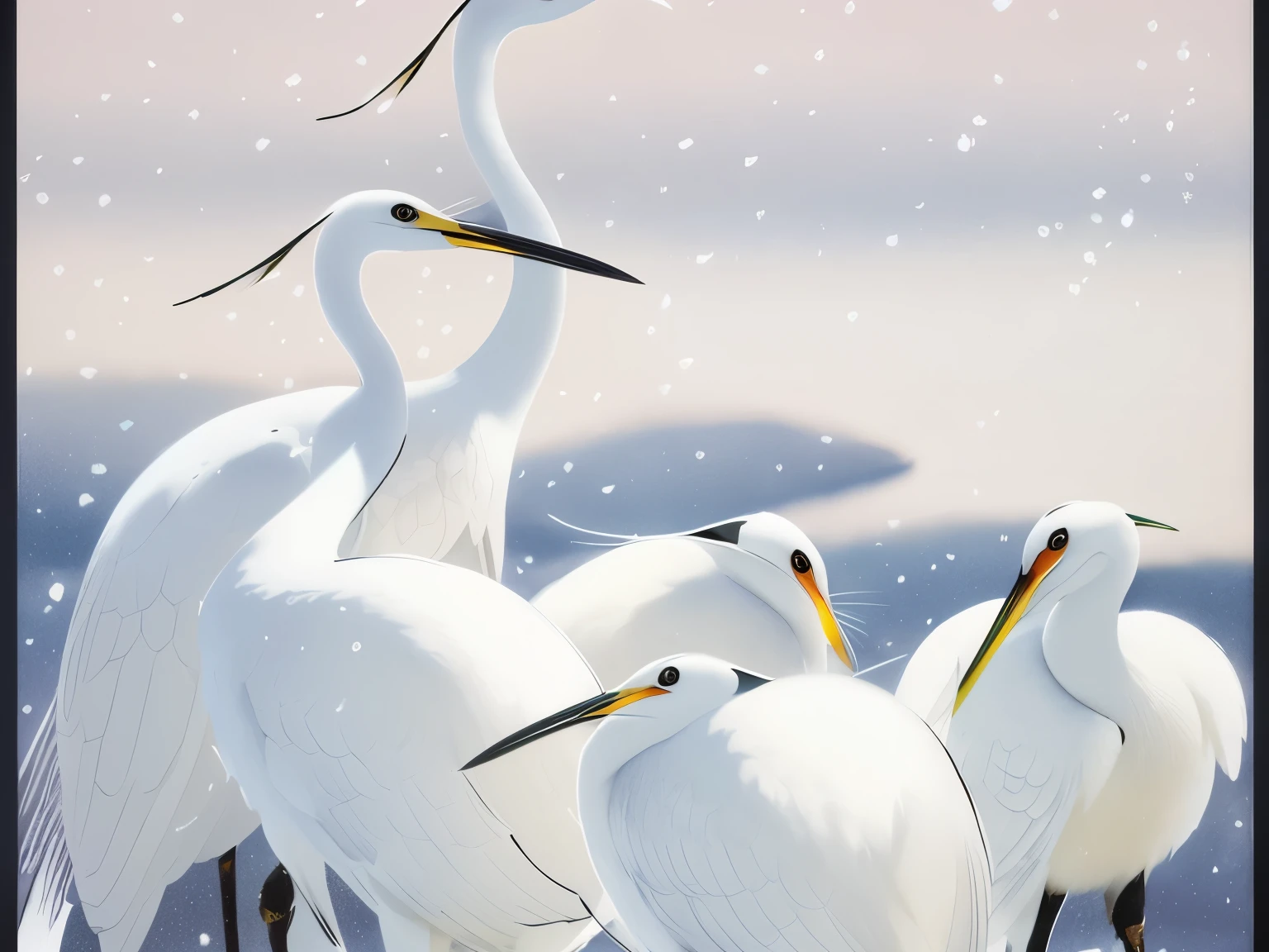 guindastes arafiados parados na neve em uma paisagem nevada, inspired Por Ohara Koson, Direction: Tōshi Yoshida, inspired por Koson Ohara, Por Ohara Koson, por Otake Chikuha, Direction: Sugimura Jihei, por Katsushika Oi, por Sakai Hōitsu, por Koson Ohara