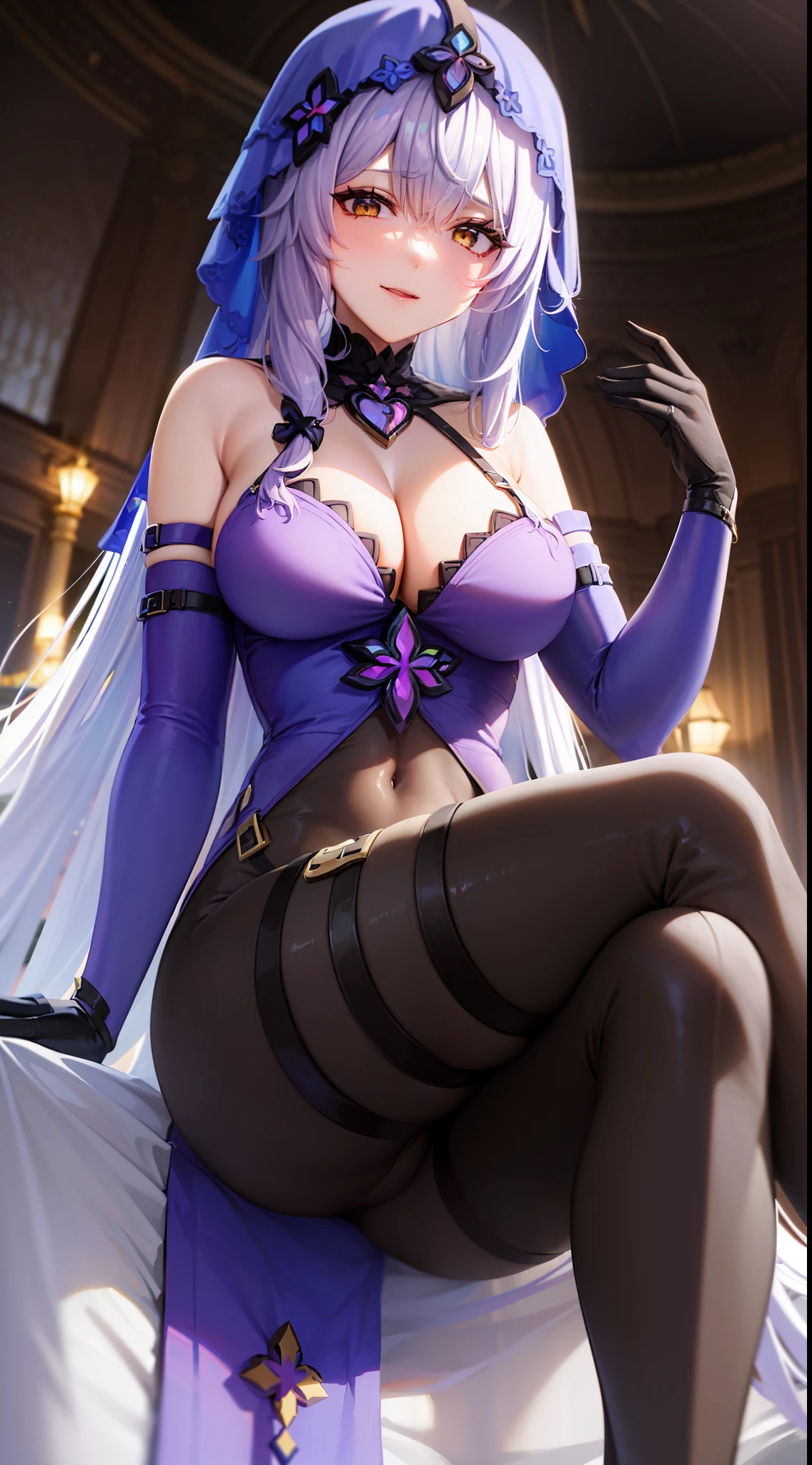 black swan, hair between eyes, long hair, (yellow eyes:1.1), very long hair, white hair,arm belt, bare shoulders, cleavage, covered navel, dress, elbow gloves, gloves, purple dress, sleeveless, sleeveless dress, veil,covered navel,((evil smile)),sitting,((crossed legs)),thighs focus,legs focus,((from below))