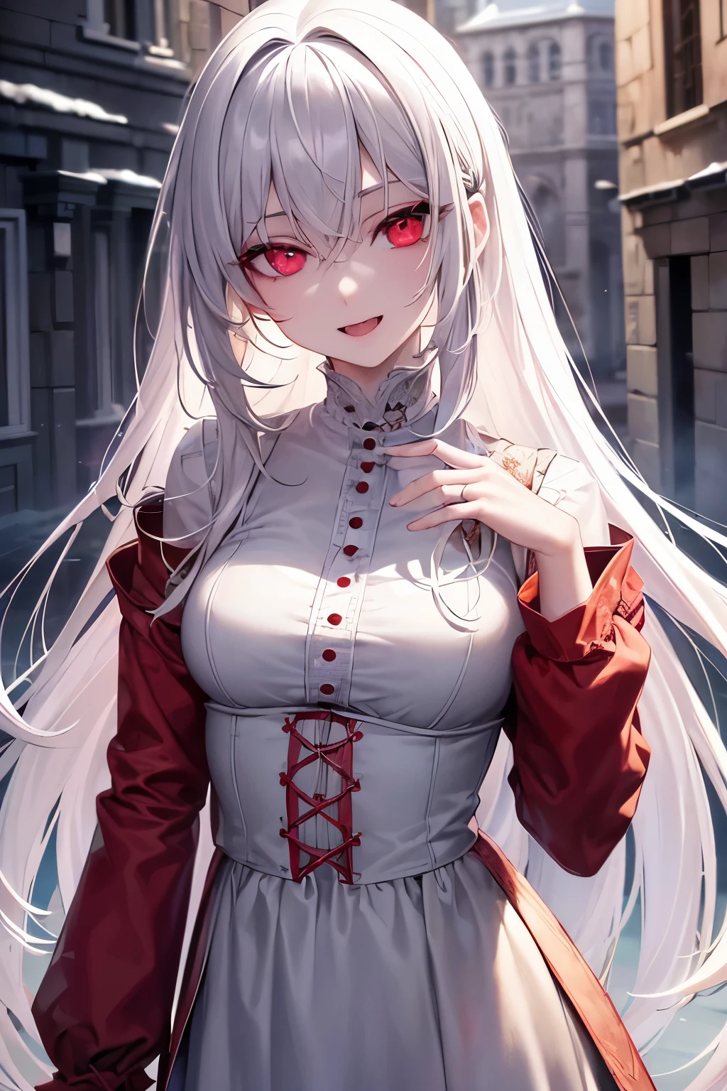 (Uhd, Masterpiece, Textured Skin, Super Detail, High Details, High Quality, Best Quality), 1Girl, Pale skin, deep red eyes, ((tattered clothes, frayed clothes)), (white clothes), long white hair, pale hair, (Vampire Queen), (Look Waving to people, in a medieval street)

[Face Prompt:(masterpiece:1.2), best quality, (Extremely detailed eyes:1.4), (highly detailed eyes:1.6), highly detailed eyes, (Calm look, Talking to you look:1.5), (Red eyes), Look talking to you]

[Mouth Prompt: (Smiling mouth), cute fangs, open mouth