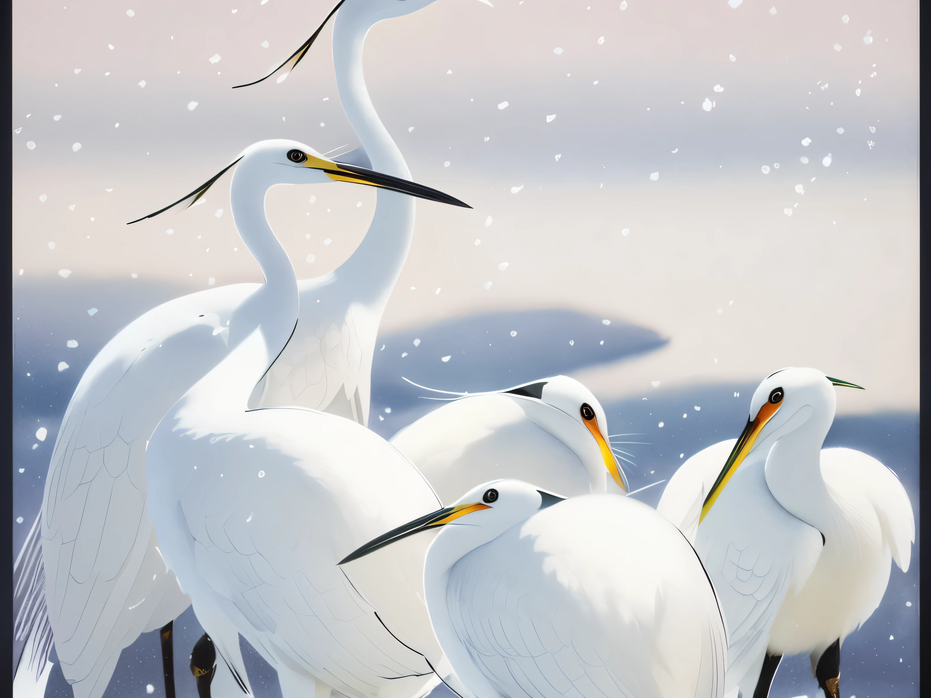 guindastes arafiados parados na neve em uma paisagem nevada, inspired Por Ohara Koson, Direction: Tōshi Yoshida, inspired por Koson Ohara, Por Ohara Koson, por Otake Chikuha, Direction: Sugimura Jihei, por Katsushika Oi, por Sakai Hōitsu, por Koson Ohara