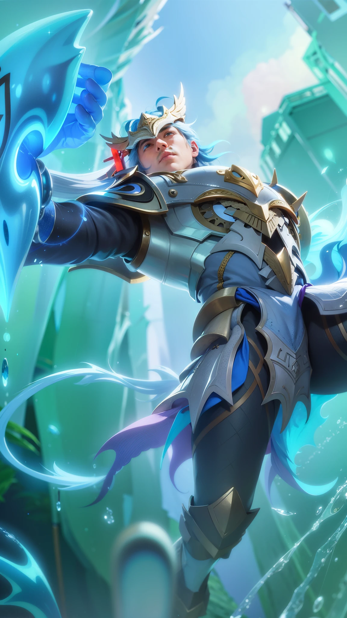 a close up of a man with a helmet on holding a sword, gatotkaca, young handsome, angry, masterpeace, 8K quality, High resolution, super detail, realistic, Raw photo, blue eyes, blue hair.