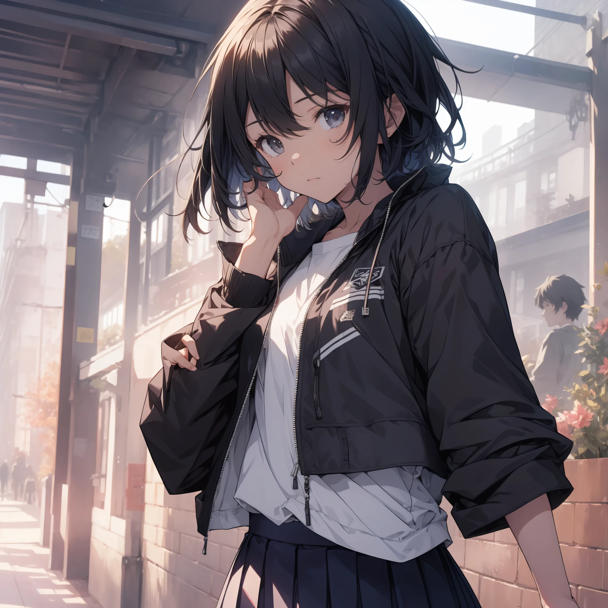Super high quality by the art god, super detailed, High resolution, Shinkai Makoto style, anime moe art style, best anime 8K konachan wallpaper, pixiv contest winner, perfect anatomy, break,(眠そうにalone学校へ行く女の子を描いてください. ),break, 1 girl, (alone,little woman, lolita, , 13 years old:1.3),All limbs, full finger,, androgynous charm, (very short hair), flat chest, Because I&#39;m slender, small ass, between legs, black eye, beautiful and fine eyes, Well-proportioned iris and pupils, expressive eyes,disgusted eyes, High resolutionの詳細な髪, wearing school uniform, (skirt),(detailed lighting), (detailed background), On the way to school. break,super dense skin, Best lighting by famous artists, 8K, figure,UHD, rough skin