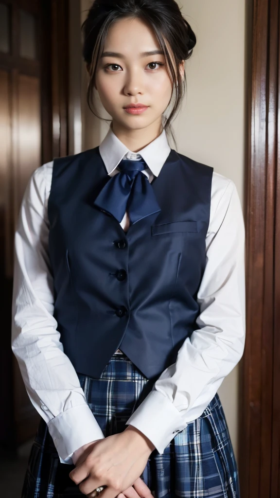 (highest quality、 8K、 High resolution、 realistic:2.0)、(correct :1.5)、(The exact number of fingers:1.5)、(Highly detailed skin texture:1.1)、
1 Japanese female、clerk、Transcendently beautiful、24-years-old、bow、((wear clothes with buttons:1.1))、(((Her skirt fluttered in the strong wind from the blower..:1.2)))、(((Show me your panties:1.3)))、Surprised and panicked look、blonde hair, But my hairline is black、One bun hair、navy blue cloth vest、navy blue mini skirt、Wight long sleeve cutter shirt、tie、draw from below、
(High resolution,、bright colors、 Super detailed)、Corridor with slot machines on both sides in the background、look at the camera、