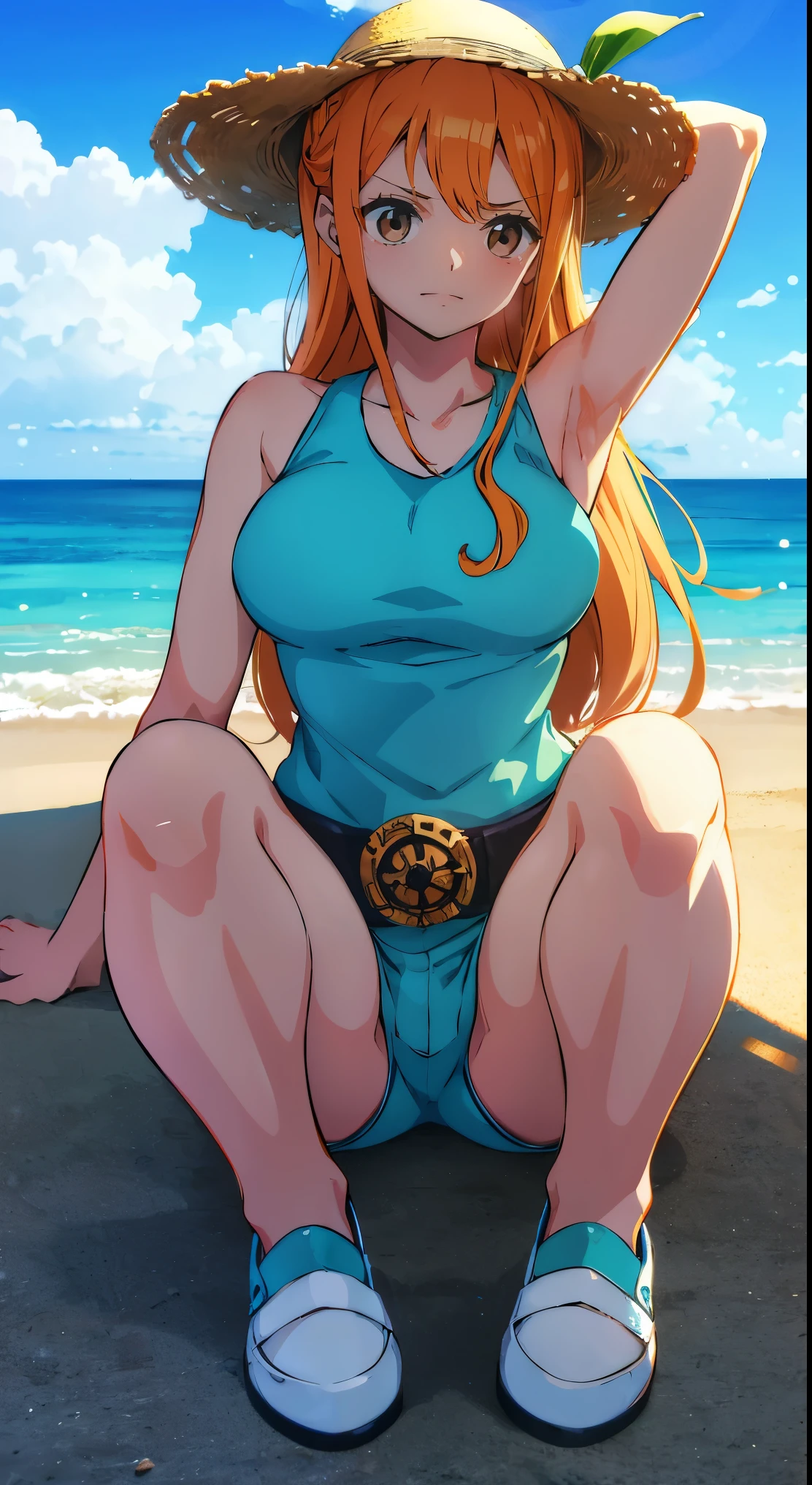 Nami is a character from the anime One Piece, and she is part of the hay hat cast. According to the description I requested, I will try to provide a detailed description of Nami stretching on the ship with three-dimensional technology. (3D):
Nami is a pretty and young ager, Cerca de 18 anos. Ela tem longos cabelos castanhos, grande, Olhos laranja bonitos, white skin and cute facial features..
Nami has a slim and athletic body, where your height is medium height. Has a symmetrical and well-defined body, but maintains a smooth feminine figure.
Enquanto ela se estica no navio, Nami will appear in her traditional clothes. You are wearing a light blue shirt that reaches your knees, e shorts na mesma cor. She also wears a yellow belt around her waist and brown shoes..
Nami is shown stretching her legs and placing her hands behind her head or on a small pillow... Parece calma e relaxada enquanto aprecia o ar fresco e a vista para o mar.
The ship and the seabed can be visualized with three-dimensional graphics, where the details of the waves and clear blue sky can be seen.
I hope you liked the description provided and it can help you imagine Nami stretching on the ship realistically in 3D.