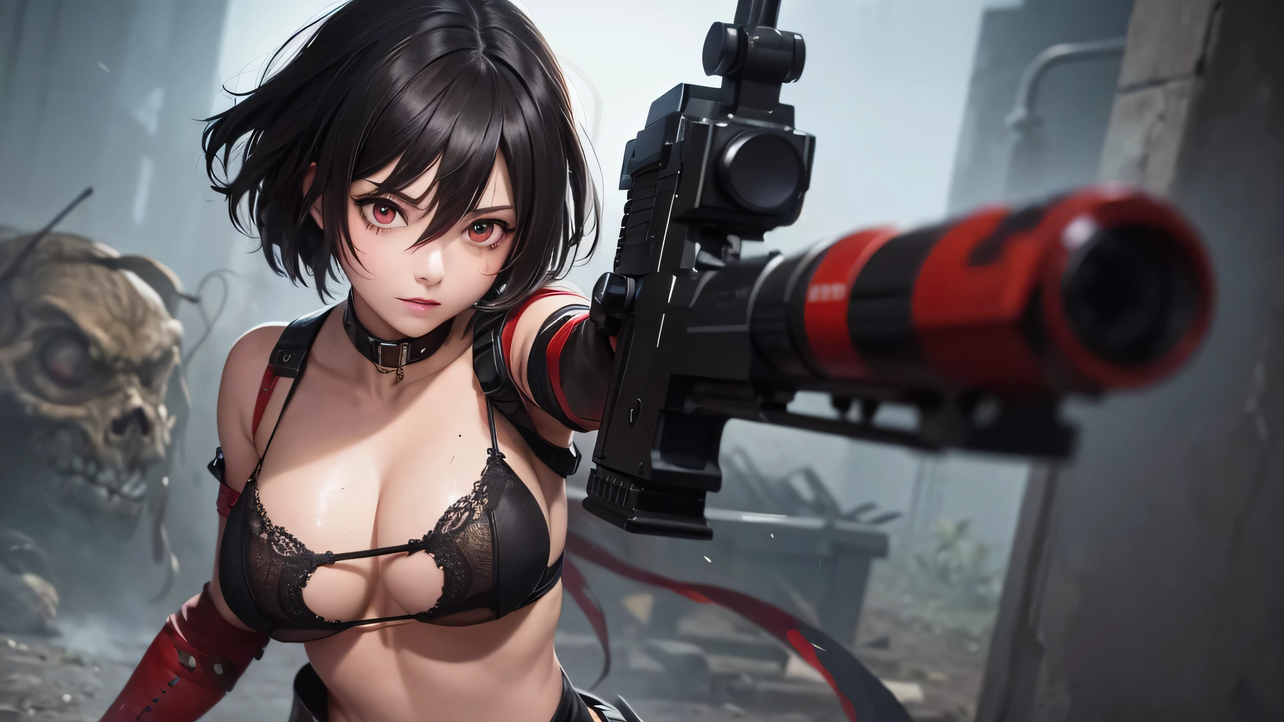 8k, high resolution, masterpiece, illustration, extreme details, 1female, black short hair, red eyes, eyeliner, mascara, extra large breast, sexy, slim, military uniform, gun fires, explosions, fighting monsters, dynamic pose, half body, naked, torn clothes, exposed nipples, attacked by monsters, bruised, dirtied, injured, in pain, bloodstain