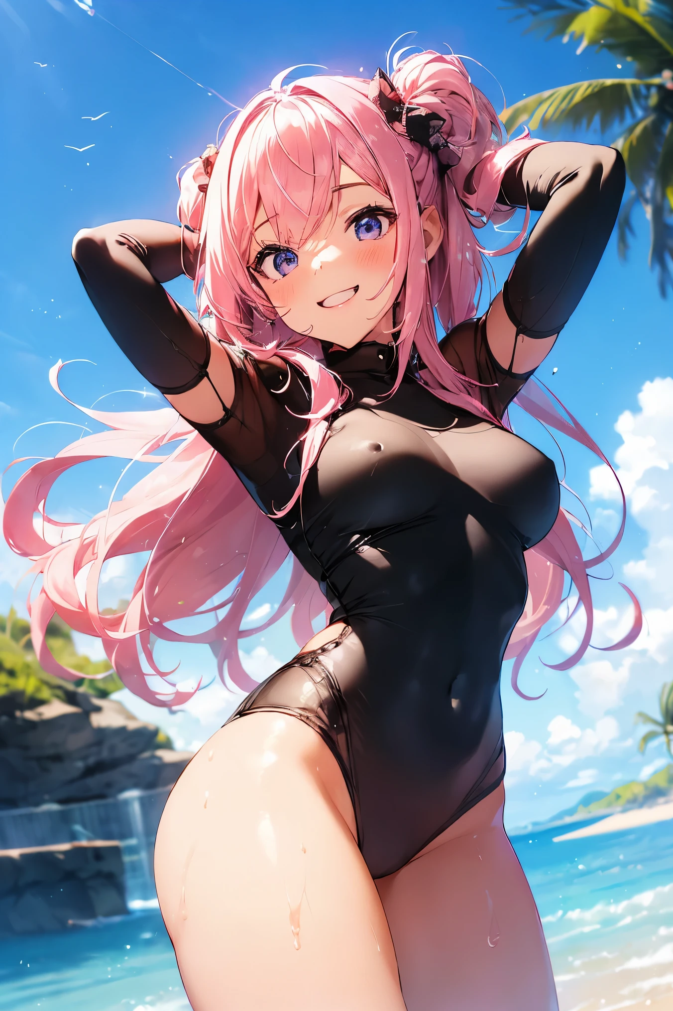 1girl,cowboy shot,body suit,underwear, pink hair, beautiful smile, happy, red hones on head