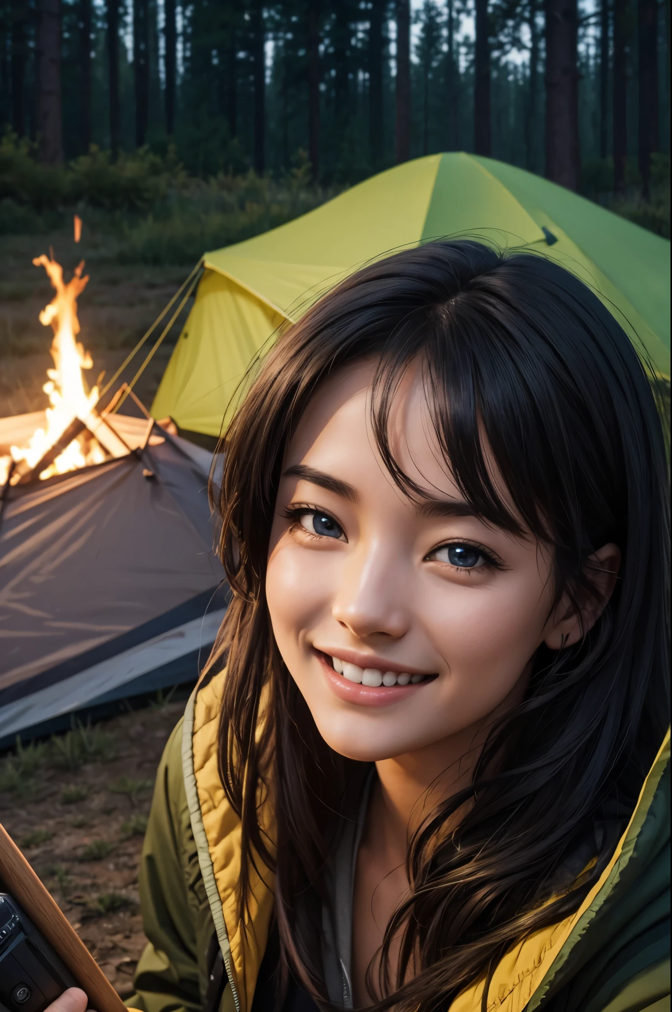 8k,evening,young woman camping,lit by a bonfire,cold,triangular tent behind,Photorealistic RAW photos of the highest quality。bright colors,rich colors, Backlight, cinematic lighting, film grain, to be born, 50mm lens, Nikon D850,realistic skin,fantasy art,character art,ultra high resolution,realistic skin,perspective from above,big smile,