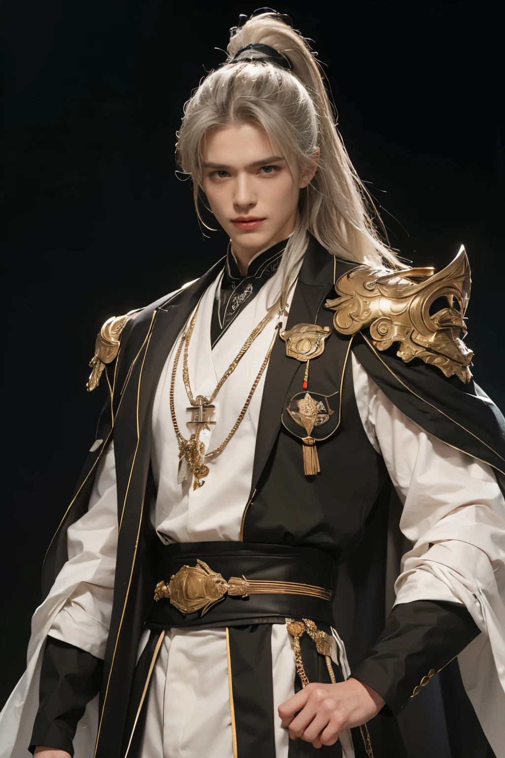 A male 27 th, Masterpiece, ultra fine photos, Best quality, Ultra-high resolution, Realistic, Sunny, full-body portraits, Amazing man, white hair, Dynamic posture, exquisite face, Vibrant eyes, Very detailed background, Detailed face, detailed tidy background, Gorgeous, High detail skin, Realistic skin details, Visible pores, Clear focus, volume fog, 8K UHD, Digital SLR, High quality, filmgrain, Fair skin, Realism,(((Handsome man:1.4)))