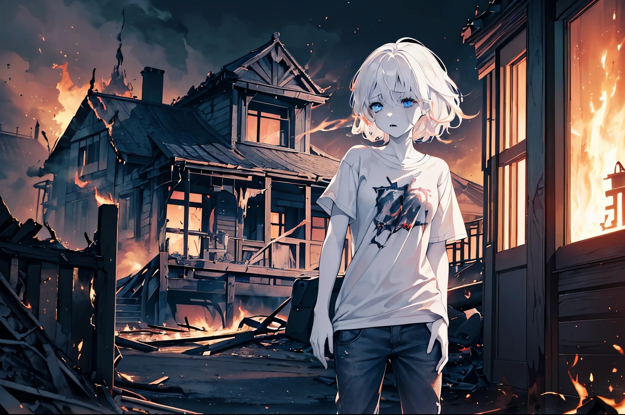 ((house in flames)), night time, chaos, ((dramatic)), smoke, ((scared and crying young girl with pale skin, white messy hair and expressive blue eyes wearing a t-shirt and pants))