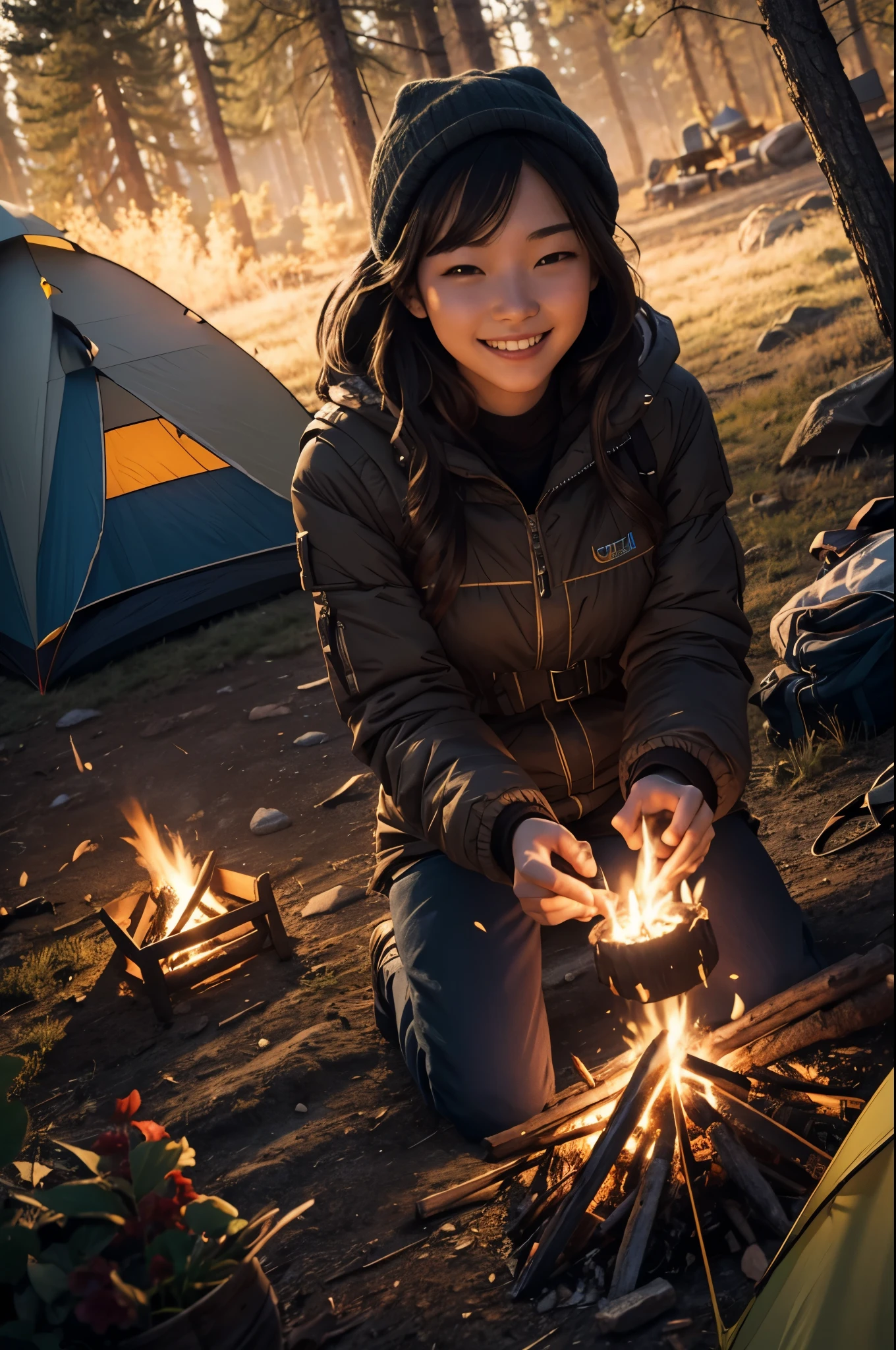 8k,evening,young woman camping,lit by a bonfire,cold,triangular tent behind,Photorealistic RAW photos of the highest quality。bright colors,rich colors, Backlight, cinematic lighting, film grain, to be born, 50mm lens, Nikon D850,realistic skin,fantasy art,character art,ultra high resolution,realistic skin,perspective from above,big smile,