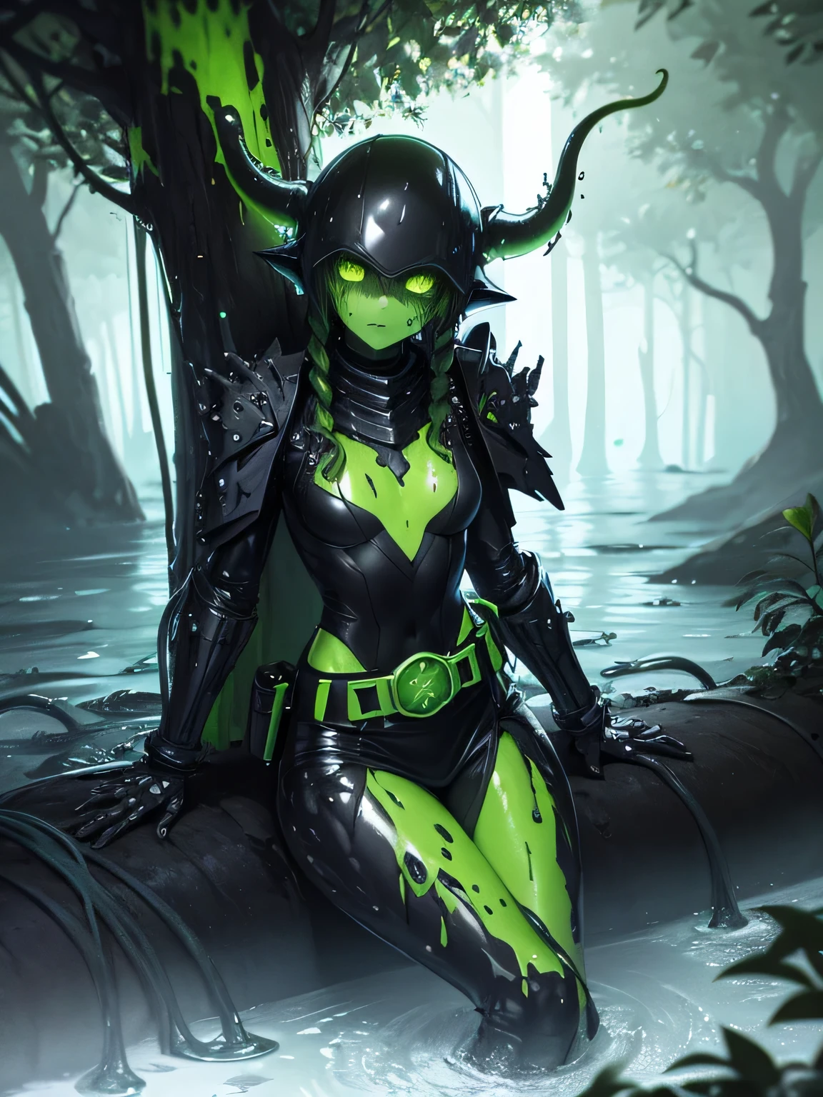 ((dark tentacle in biopunk style)), ((horror tentacles)), cold light, Slimy girl, long transparent bangs, long transparent bangs closes eyes, mucous skin, green mucous skin, green skin slime, Less clothing, spine belt, crude black iron helmet, metal shoulders, metal bib, sitting on a tree branch, flooded jungle, black oil liquids, Dark Fantasy, very detailed art, very detailed background