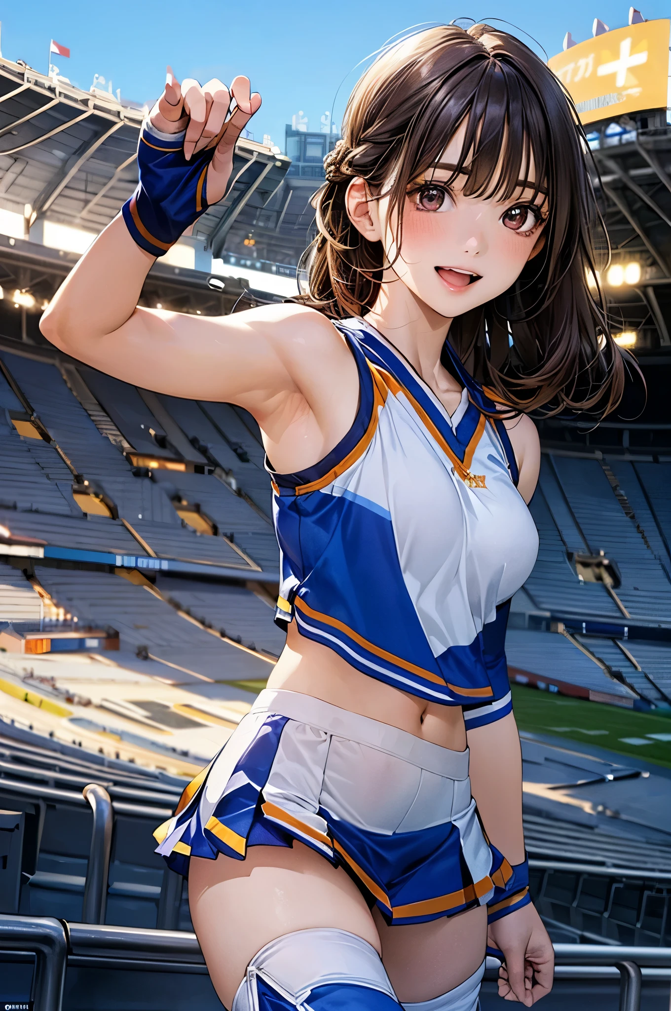 (masterpiece:1.2, top-quality), (realistic, photorealistic:1.4), beautiful illustration, (natural side lighting, movie lighting), depth of fields, back lighting,
looking at viewer, 1 girl, japanese, high chool girl, , perfect face, cute and symmetrical face, shiny skin,
(middle hair, half updo, light brown hair), asymmetrical bangs, brown eyes, drooping eyes, long eye lasher, (medium breasts:1.0), cute round face, beautiful make up, ultra-detailed skin,
beautiful hair, beautiful face, beautiful detailed eyes, beautiful clavicle, beautiful body, beautiful chest, beautiful thigh, beautiful legs, beautiful fingers,
(((blue sleeveles cheerleader:1.2))), ((thigh high boots)), detached sleeve,
(beautiful scenery), evening, (((stadium background: 1.2)), extremely cute, arm up, armpits, (asmile, open mouth, ),