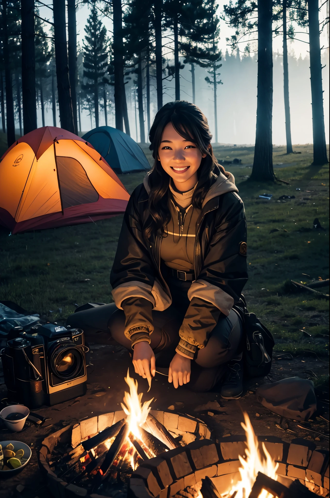 8k,evening,young woman camping,lit by a bonfire,cold,triangular tent behind,Photorealistic RAW photos of the highest quality。bright colors,rich colors, Backlight, cinematic lighting, film grain, to be born, 50mm lens, Nikon D850,realistic skin,fantasy art,character art,ultra high resolution,realistic skin,perspective from above,big smile,