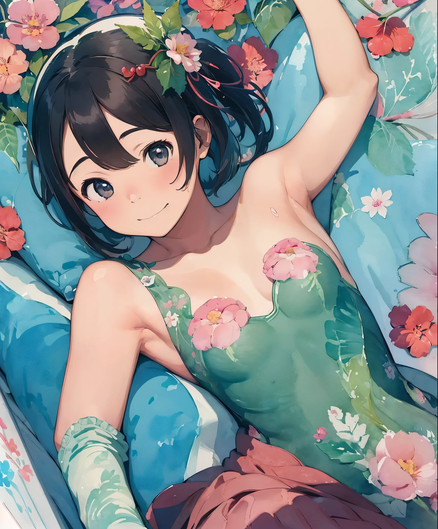 (masterpiece、highest quality、highest quality、official art、beautiful beautiful:1.2)、(1 girl:1.3)Hatsune Miku、beautiful breasts、twin tails、adorable smile、very detailed、, beautiful flower, berry, Fern, leaf, calm color watercolor pattern), (watercolor texture), ((1 girl), short hair, cute,