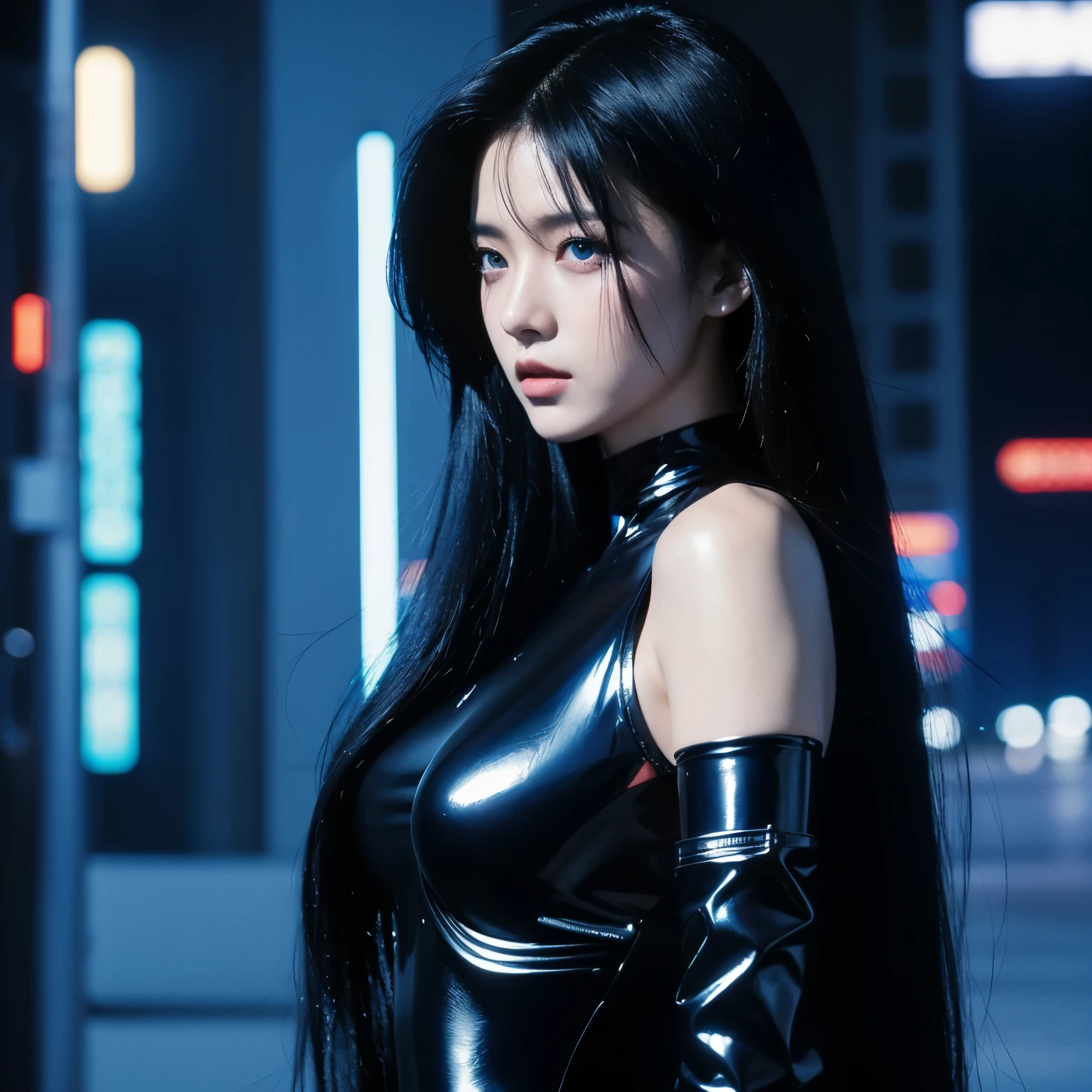 a woman, black hair, blue eyes, long hair, Korean, shiny dress, cyberpunk, futuristic city, 1987 style, 1987 film, masterpiece, best quality, blade runners style.
