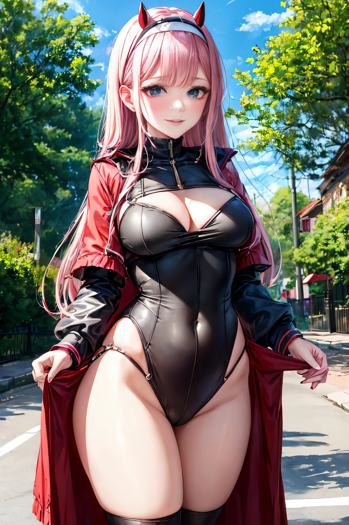 1girl, zero two, cowboy shot,body suit,underwear, pink hair, beautiful smile, happy, red hones on head