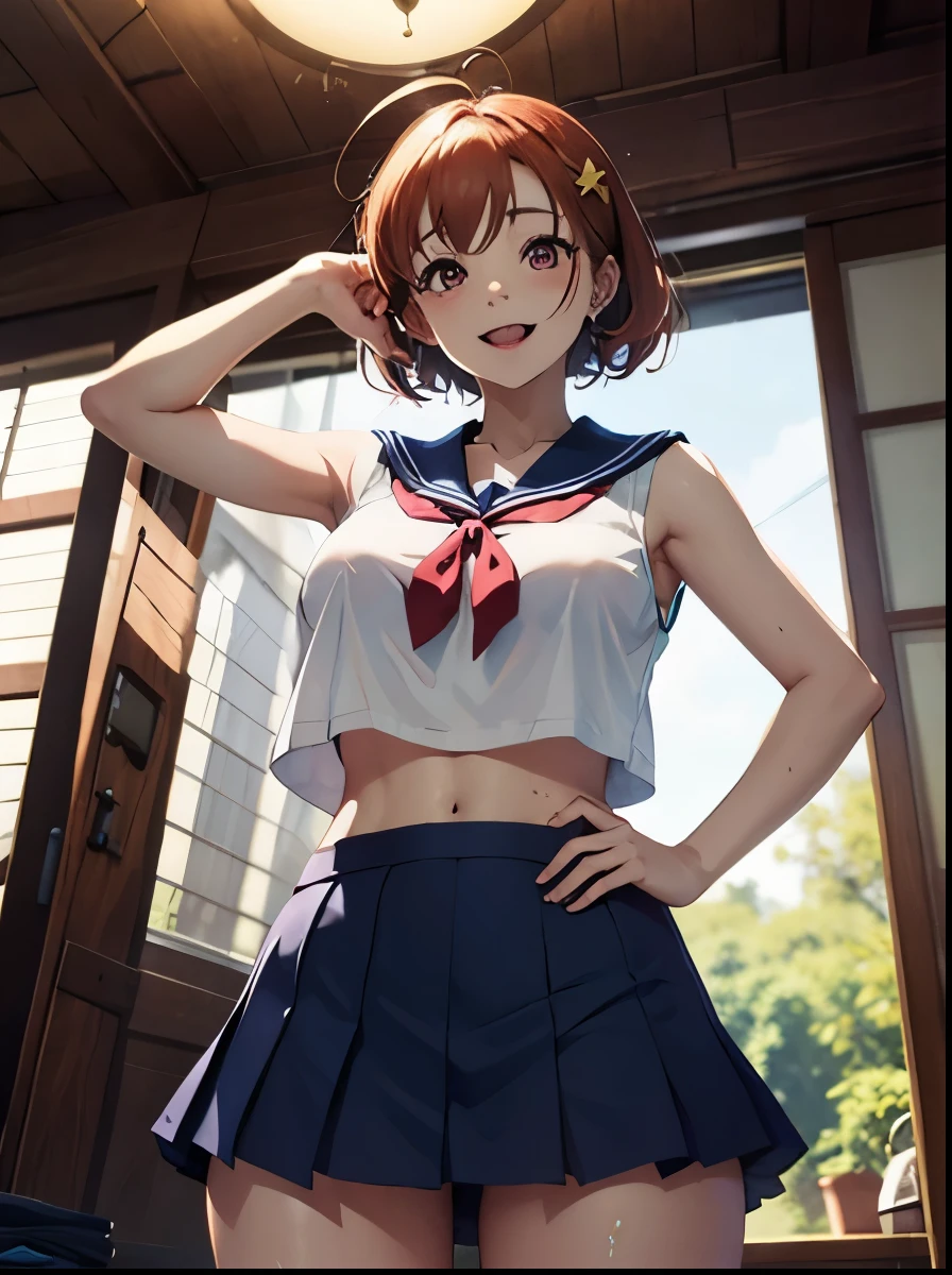 (best quality,4k,8k,highres,masterpiece:1.2), ultra-detailed,takami chika, sailor top, school skirt, navel, slightly excited and smile, sleeveless, thighs, cowboy shot, hair ornamen,pink eyes ,big breasts ,nipples , wet clothes 