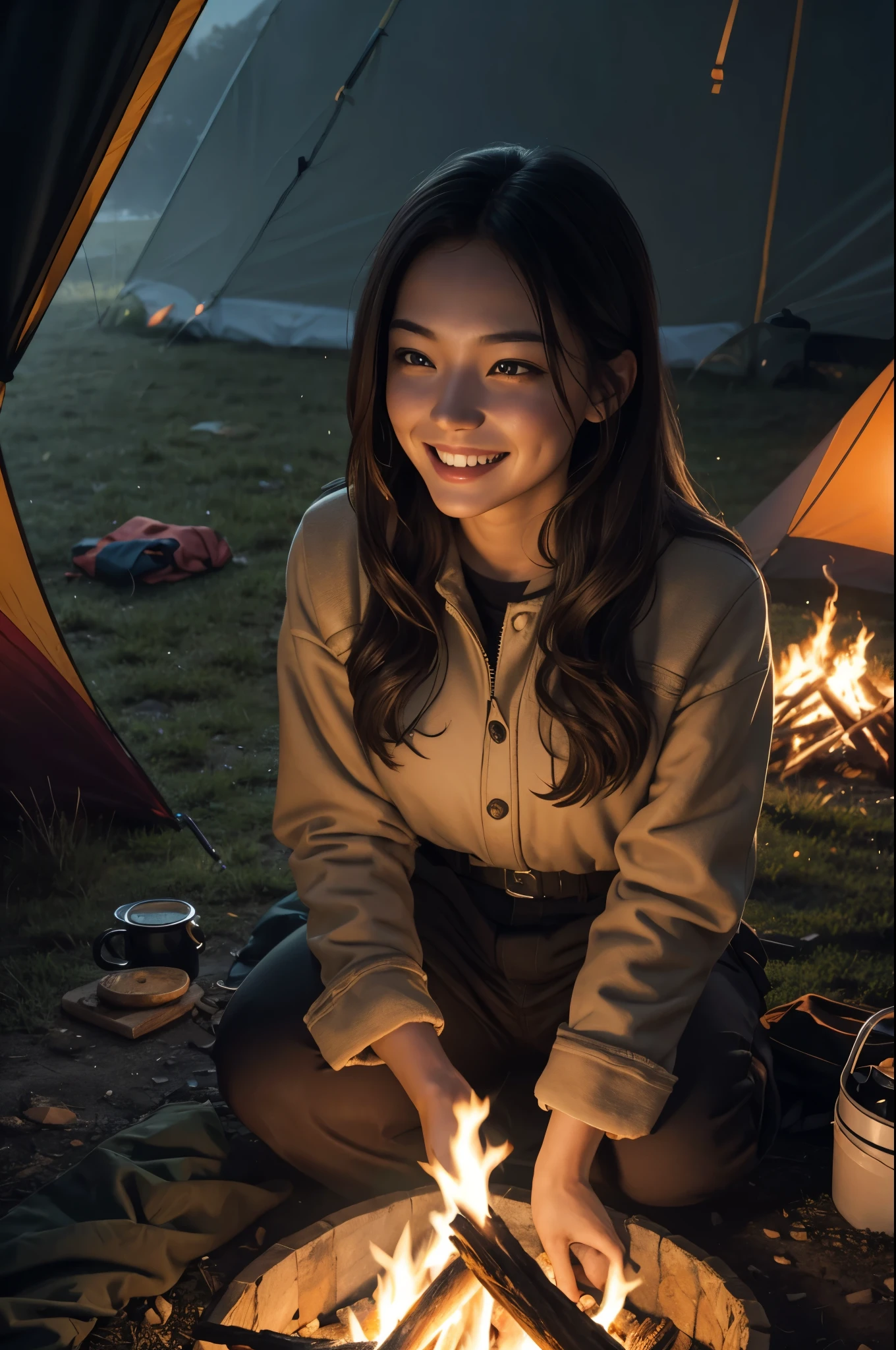 8k,evening,young woman camping,lit by a bonfire,cold,triangular tent behind,Photorealistic RAW photos of the highest quality。bright colors,rich colors, Backlight, cinematic lighting, film grain, to be born, 50mm lens, Nikon D850,realistic skin,fantasy art,character art,ultra high resolution,realistic skin,perspective from above,big smile,