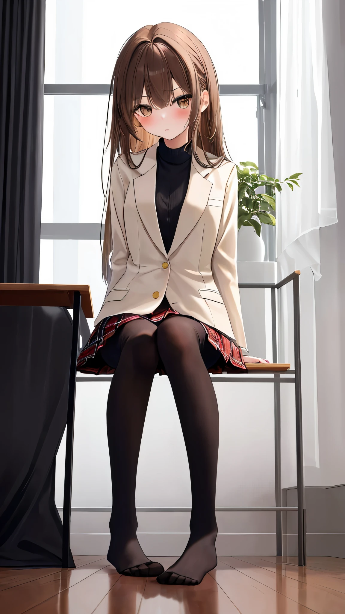 finest, masterpiece, High resolution, (Full body view from head to toe), front, frontやや下からの構図, Symmetrical, 18 year old tall girl, alone, (whole body from head to toe), (small breasts), messy brown hair, bangs, (black tights), (black pantyhose), (sitting with legs spread apart), (squating pose), (composition showing white panties), (Her legs are spread open and her white panties are visible.), (made to sit on the floor with legs spread), (M-shaped legs), Slender legs, A very beautiful and tall 18 year old girl, (not wearing shoes), blush, shy big eyes, looking at camera, Blazer Uniform, Plaid pleated skirt