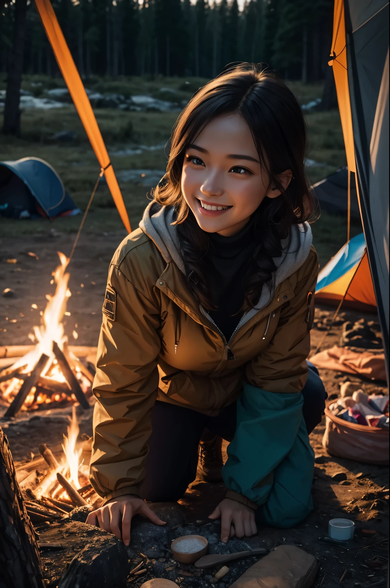 8k,evening,young woman camping,lit by a bonfire,cold,triangular tent behind,Photorealistic RAW photos of the highest quality。bright colors,rich colors, Backlight, cinematic lighting, film grain, to be born, 50mm lens, Nikon D850,realistic skin,fantasy art,character art,ultra high resolution,realistic skin,perspective from above,big smile,