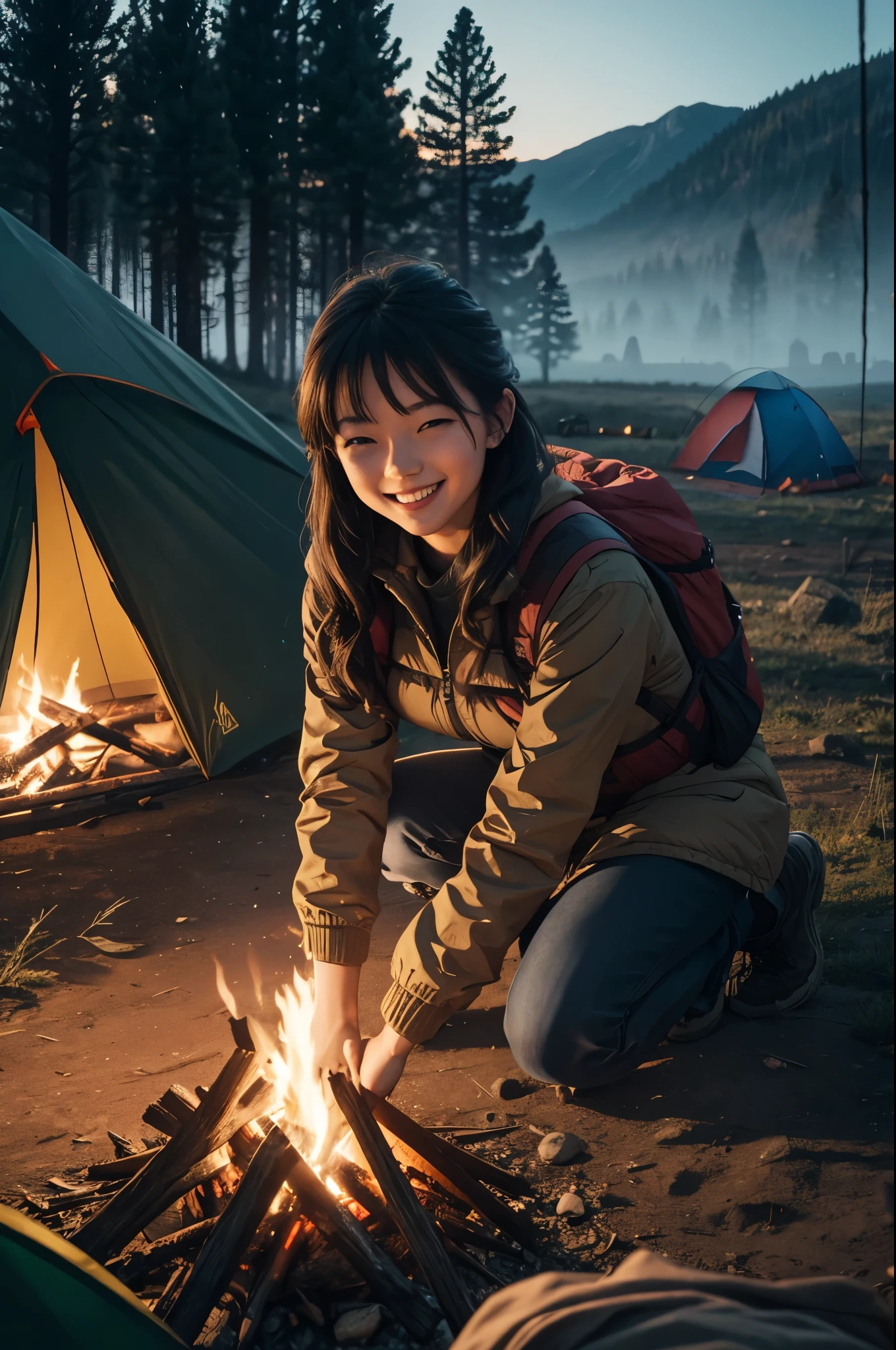 8k,evening,young woman camping,lit by a bonfire,cold,triangular tent behind,Photorealistic RAW photos of the highest quality。bright colors,rich colors, Backlight, cinematic lighting, film grain, to be born, 50mm lens, Nikon D850,realistic skin,fantasy art,character art,ultra high resolution,realistic skin,perspective from above,big smile,