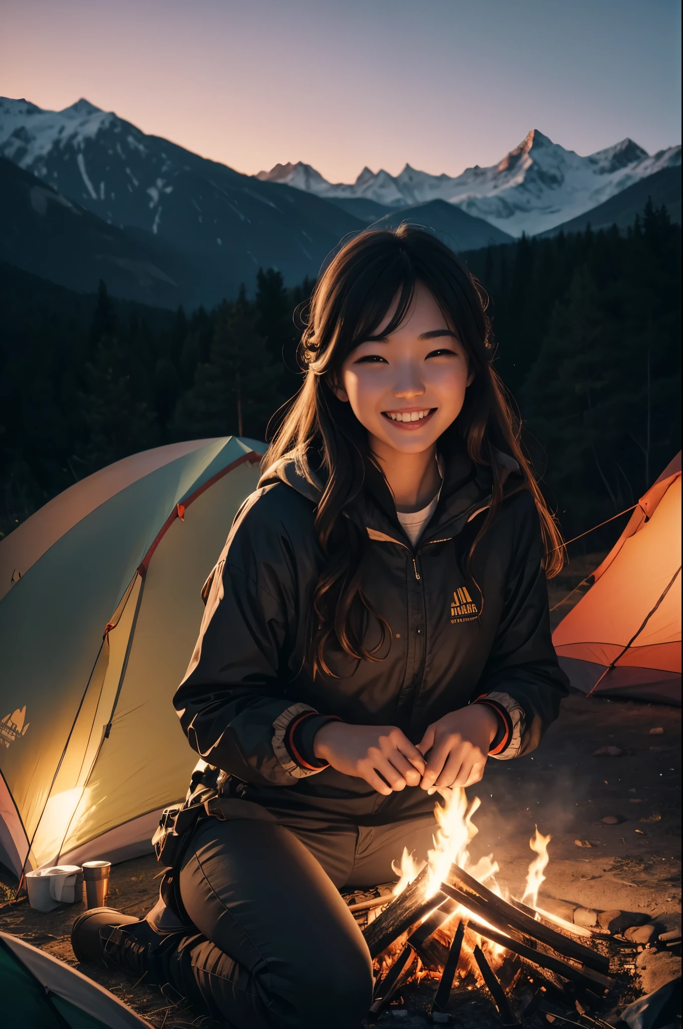 8k,evening,young woman camping,lit by a bonfire,cold,triangular tent behind,Photorealistic RAW photos of the highest quality。bright colors,rich colors, Backlight, cinematic lighting, film grain, to be born, 50mm lens, Nikon D850,realistic skin,fantasy art,character art,ultra high resolution,realistic skin,perspective from above,big smile,You can see the superb view.