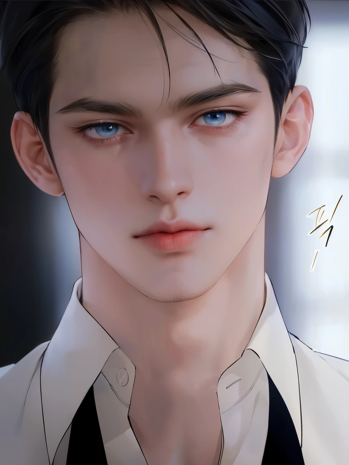 (masterpiece,best quality,ultra_detailed,highres,absurdres),1 mature male, 30-ish, (wide shoulder), ((no chest hair)), male focus, solo, dark black hair ,blue eyes, short hair, looking at viewer, realistic