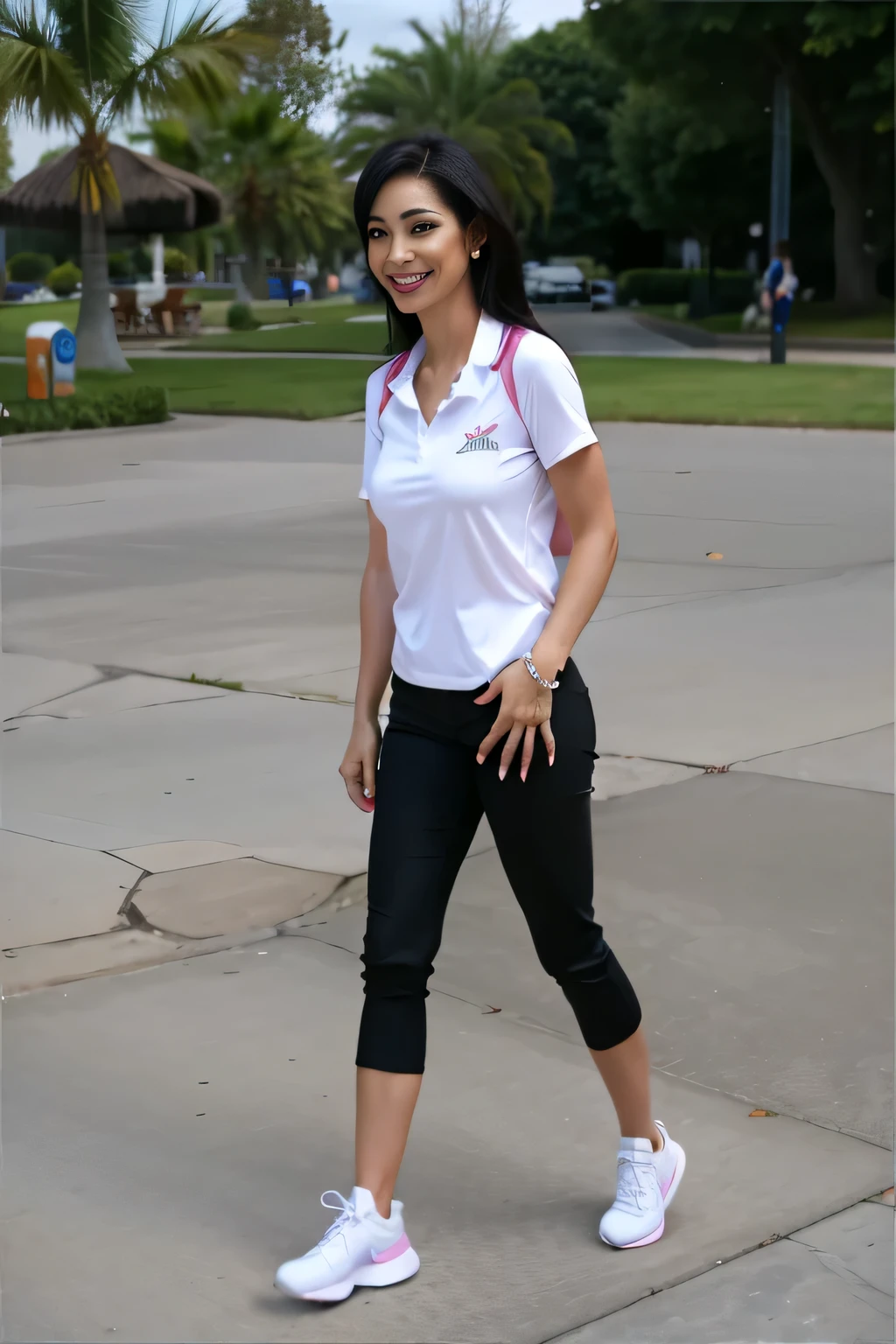 woman in white shirt and black capri andando on cement, using exercise equipment, andando in park, andando. Uma mulher com pele branca e cabelos escuros. ela tem cerca de 35 anos. His lips were slightly plump, os olhos dela eram castanhos escuros. Corpo fino. cintura fina. Your body exudes glamor and your face is the definition of beauty. teste, Altamente realista, Lindo, slightly plump lips, batom cor de rosa, sorridente, feeling of lightness and joy, hiperrealismo, pele muito elaborada. foto de corpo inteiro, Limpar foto, alta qualidade, high resolution, obra de arte, 8k.