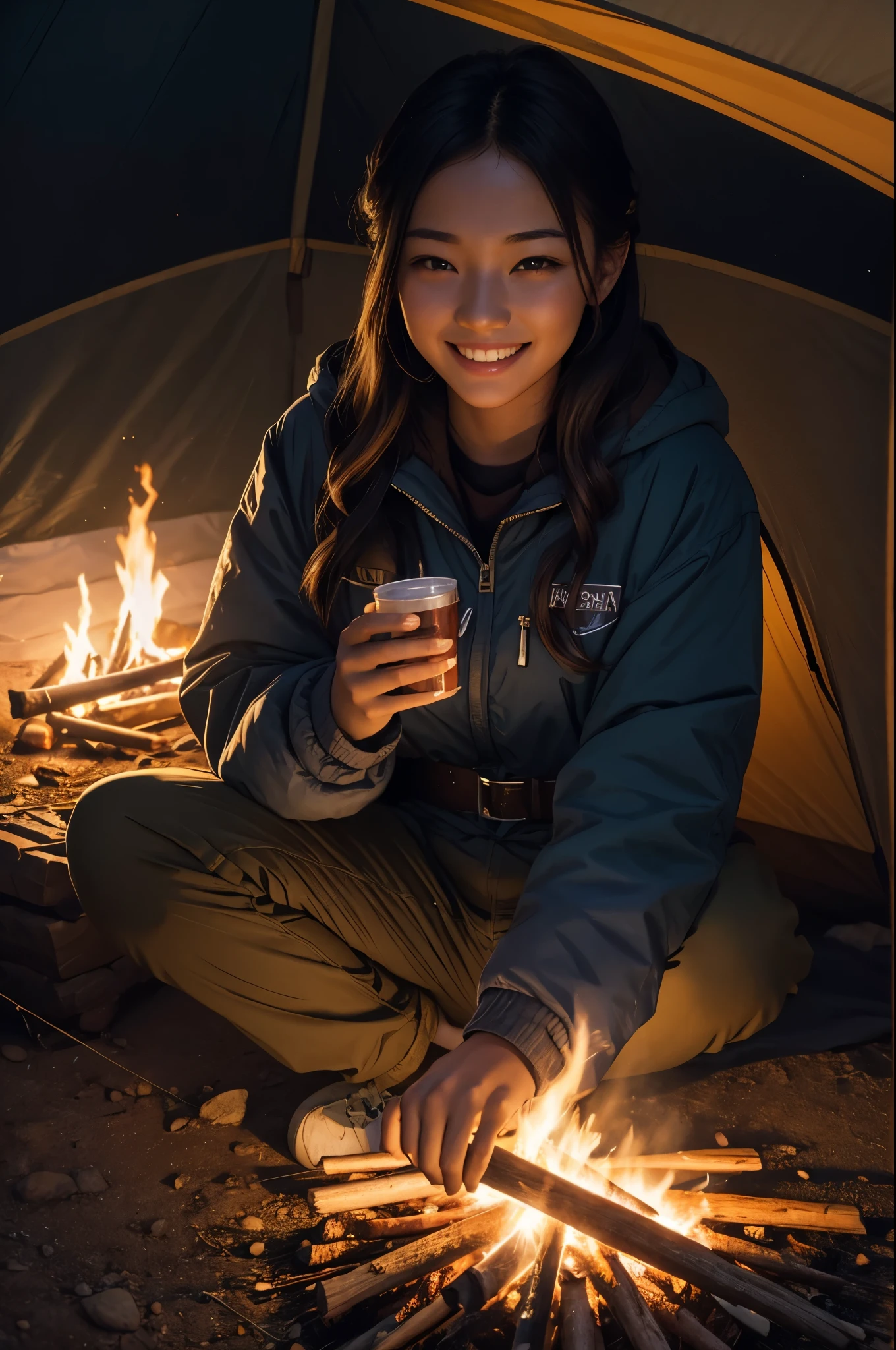 8k,evening,young woman camping,lit by a bonfire,cold,triangular tent behind,Photorealistic RAW photos of the highest quality。bright colors,rich colors, Backlight, cinematic lighting, film grain, to be born, 50mm lens, Nikon D850,realistic skin,fantasy art,character art,ultra high resolution,realistic skin,perspective from above,big smile,You can see the superb view.