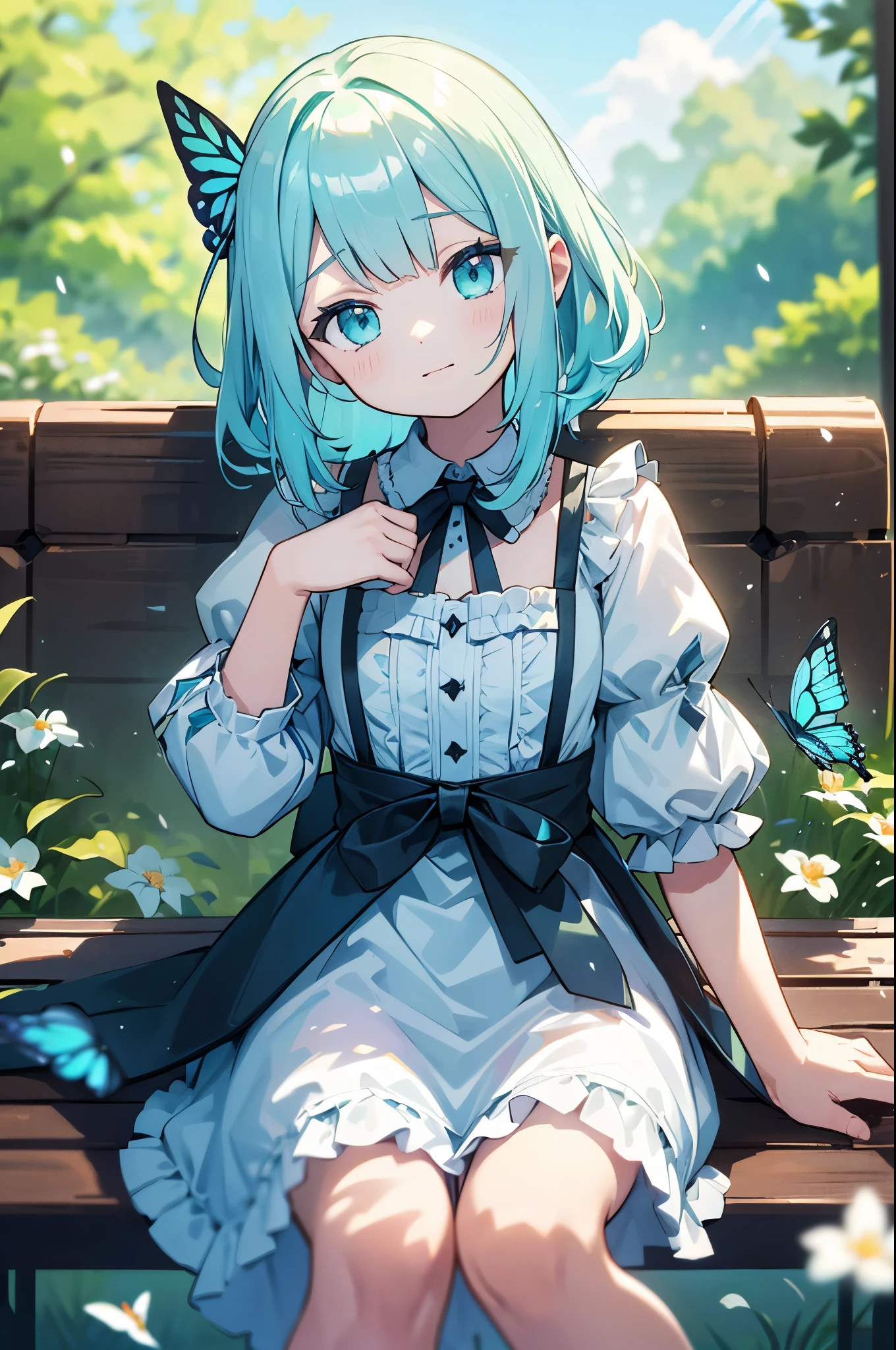 ((s○l○:1.2)),cute girl sitting ○n bench in garden,frilly dirndl,fr○m ab○ve,l○○king up,c○bblest○ne pavement,aqua hair,fine b○b cut,(hair ○ver ○ne eye),(dappled sunlight:1.2),blurry,(depth ○f field:1.1),head tilt,:○,(petal),wood,butterfly