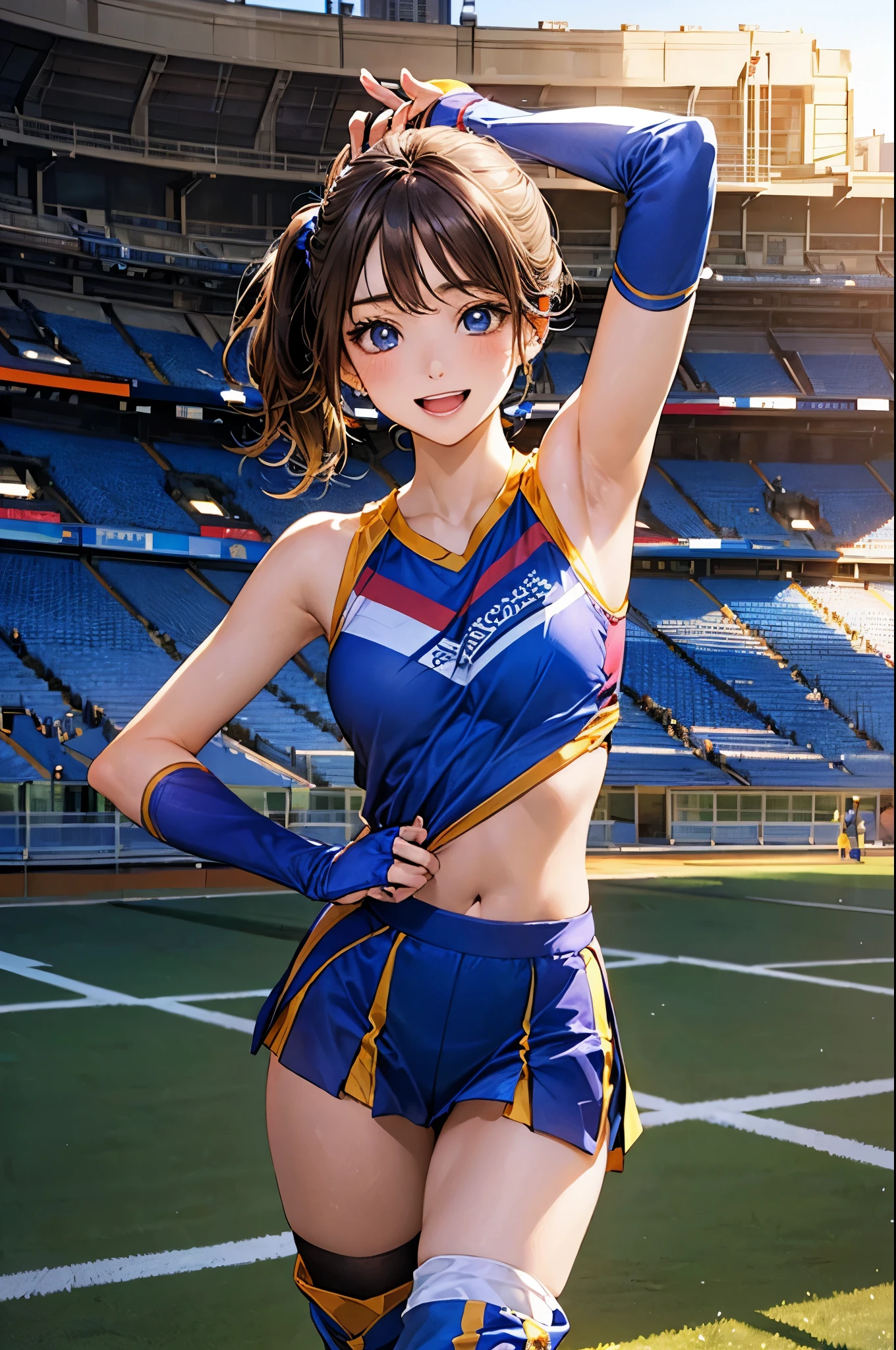 (masterpiece:1.2, top-quality), (realistic, photorealistic:1.4), beautiful illustration, (natural side lighting, movie lighting), depth of fields, back lighting,
looking at viewer, 1 girl, japanese, high chool girl, , perfect face, cute and symmetrical face, shiny skin,
(middle hair, side ponytail, light brown hair), asymmetrical bangs, blue eyes, long eye lasher, (medium breasts), cute round face, beautiful make up,
beautiful hair, beautiful face, beautiful detailed eyes, beautiful clavicle, beautiful body, beautiful chest, beautiful thigh, beautiful legs, beautiful fingers,
((blue sleeveles cheerleader:1.2), thigh high boots), detached sleeve,
(beautiful scenery), evening, (stadium background:1.2), extremely cute, arm up, armpits, (lovely smile, open mouth),