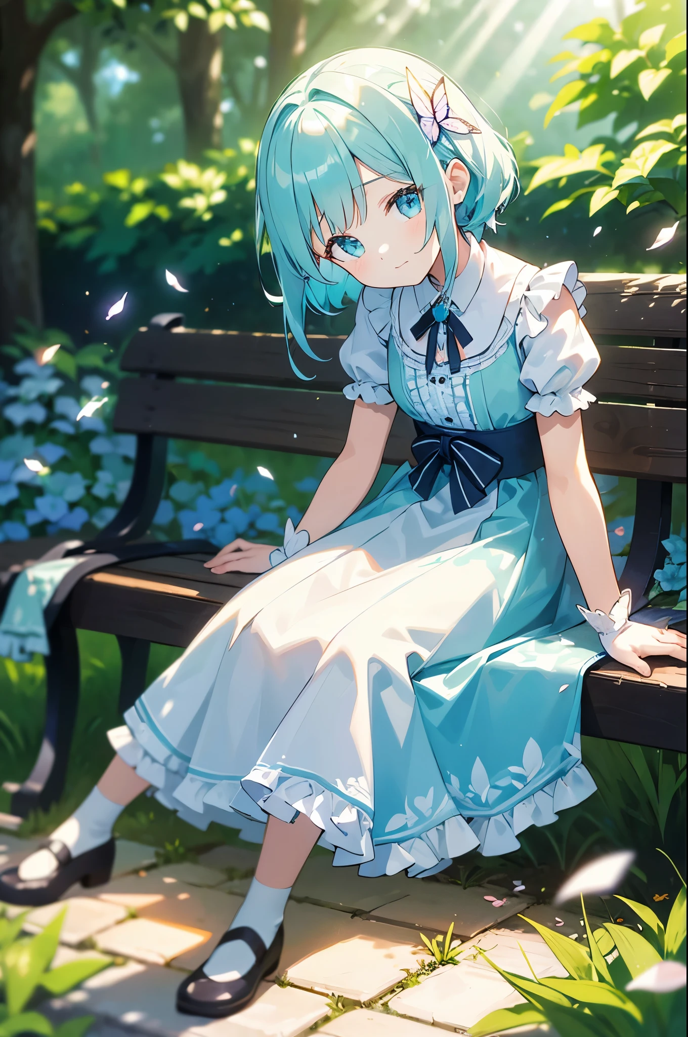 ((s○l○:1.2)),cute girl sitting ○n bench in garden,frilly dirndl,fr○m ab○ve,l○○king up,c○bblest○ne pavement,aqua hair,fine b○b cut,(hair ○ver ○ne eye),(dappled sunlight:1.2),blurry,(depth ○f field:1.1),head tilt,:○,(petal),wood,butterfly