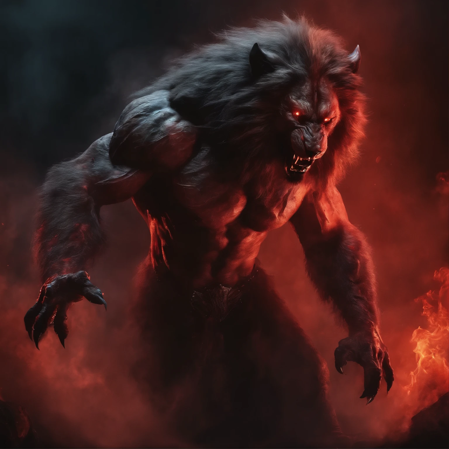Bloody Smoke emanating from the background Werewolf standing in a menacing pose with an outstretched claw and ajar lion's mouth. Bleeding patterns on his arms. pointed nose